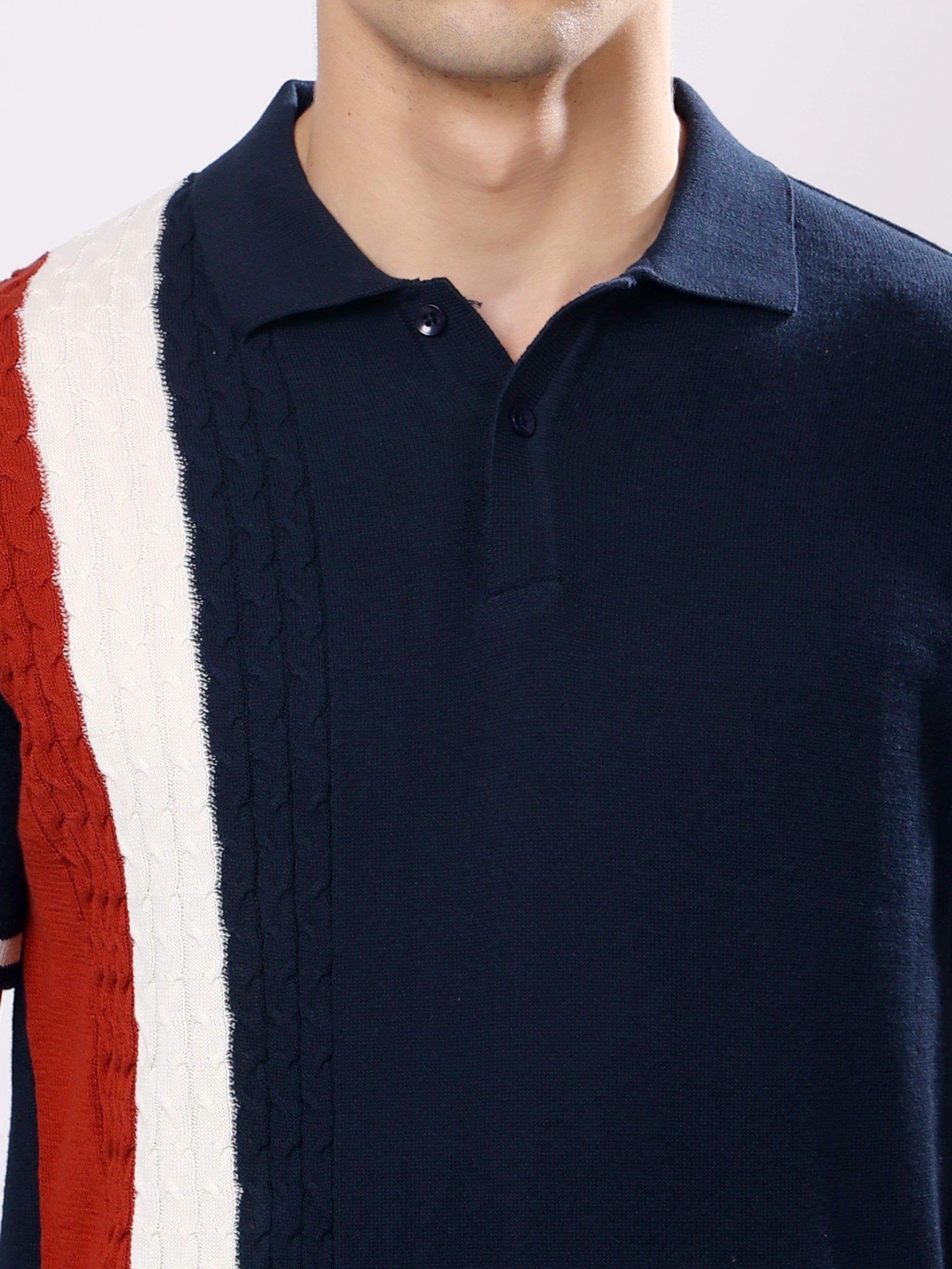 Stylox Men's Regular Fit Half Sleeve Navy Knitted Color Block Polo Tee