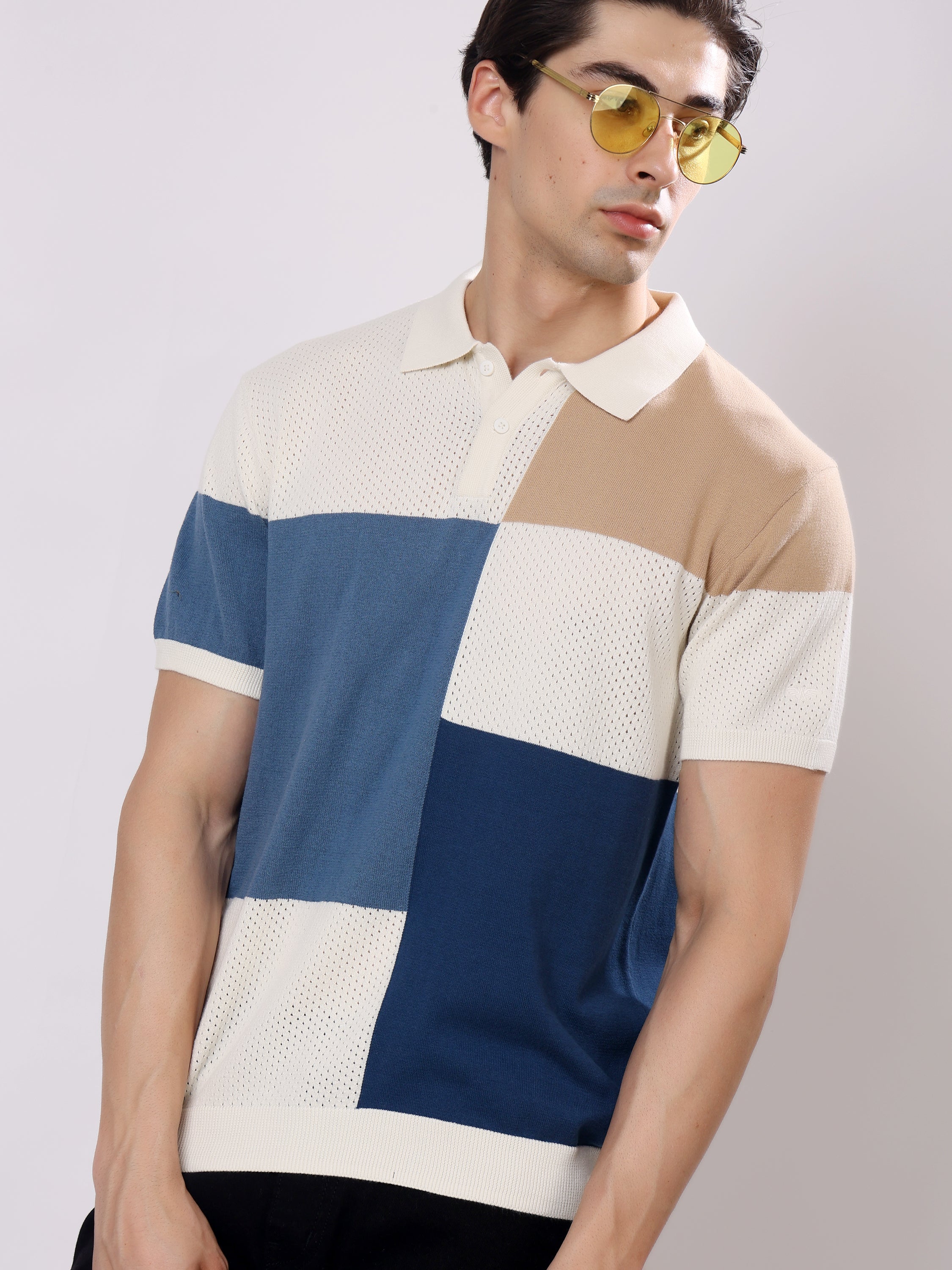 Stylox Men's Regular Fit Half Sleeve Color Block Knitted Polo T-Shirt