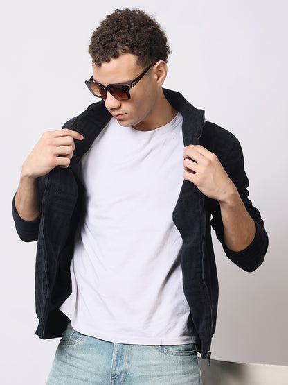 Stylox Men’s Black Textured Full-Zip Winter Jacket – Warm Fleece-Lined High Neck Sweatshirt for Casual Wear