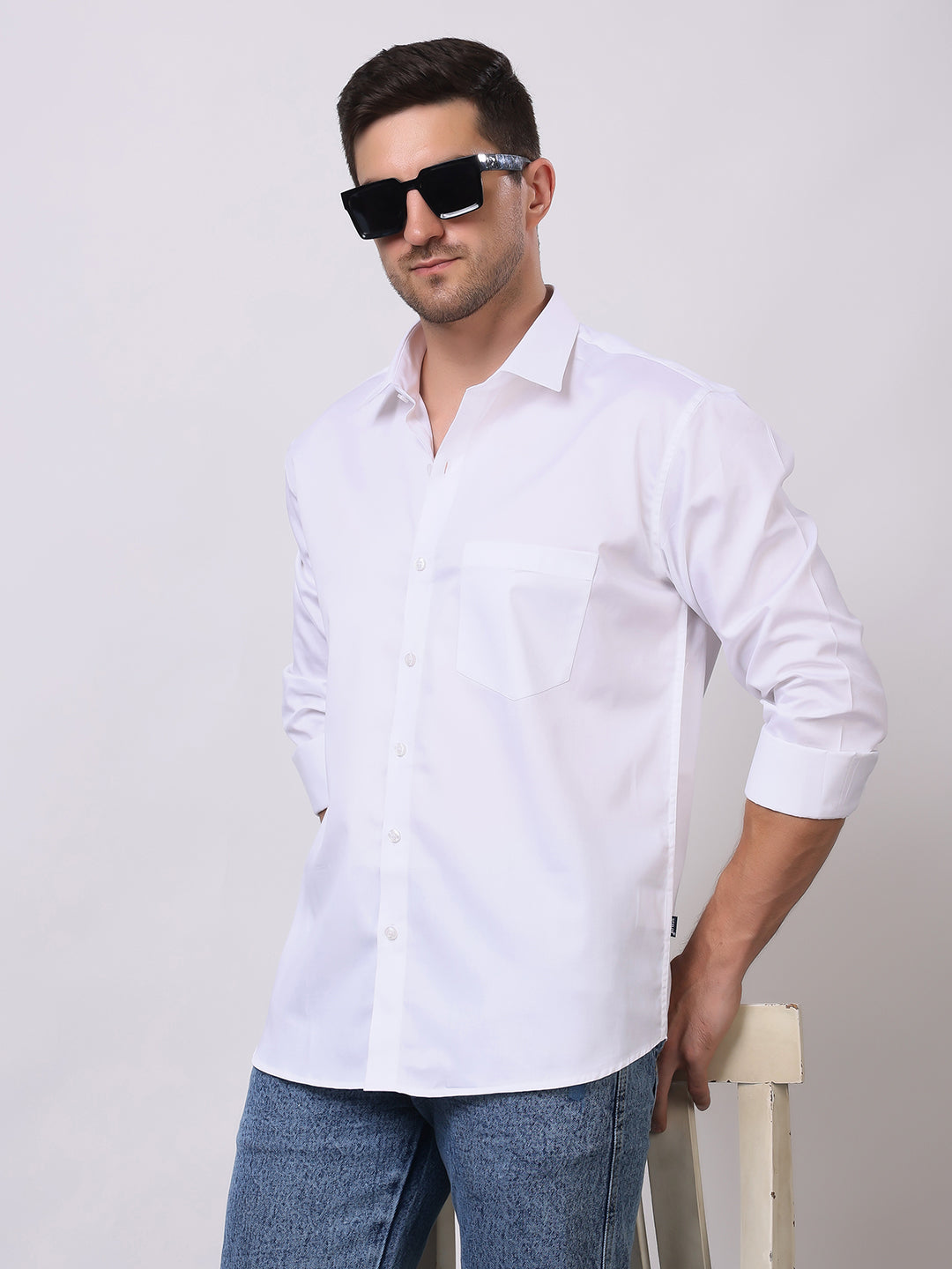 Stylox Men's Full Sleeve Solid White Casual Shirt – Premium Cotton Blend Regular Fit Shirt