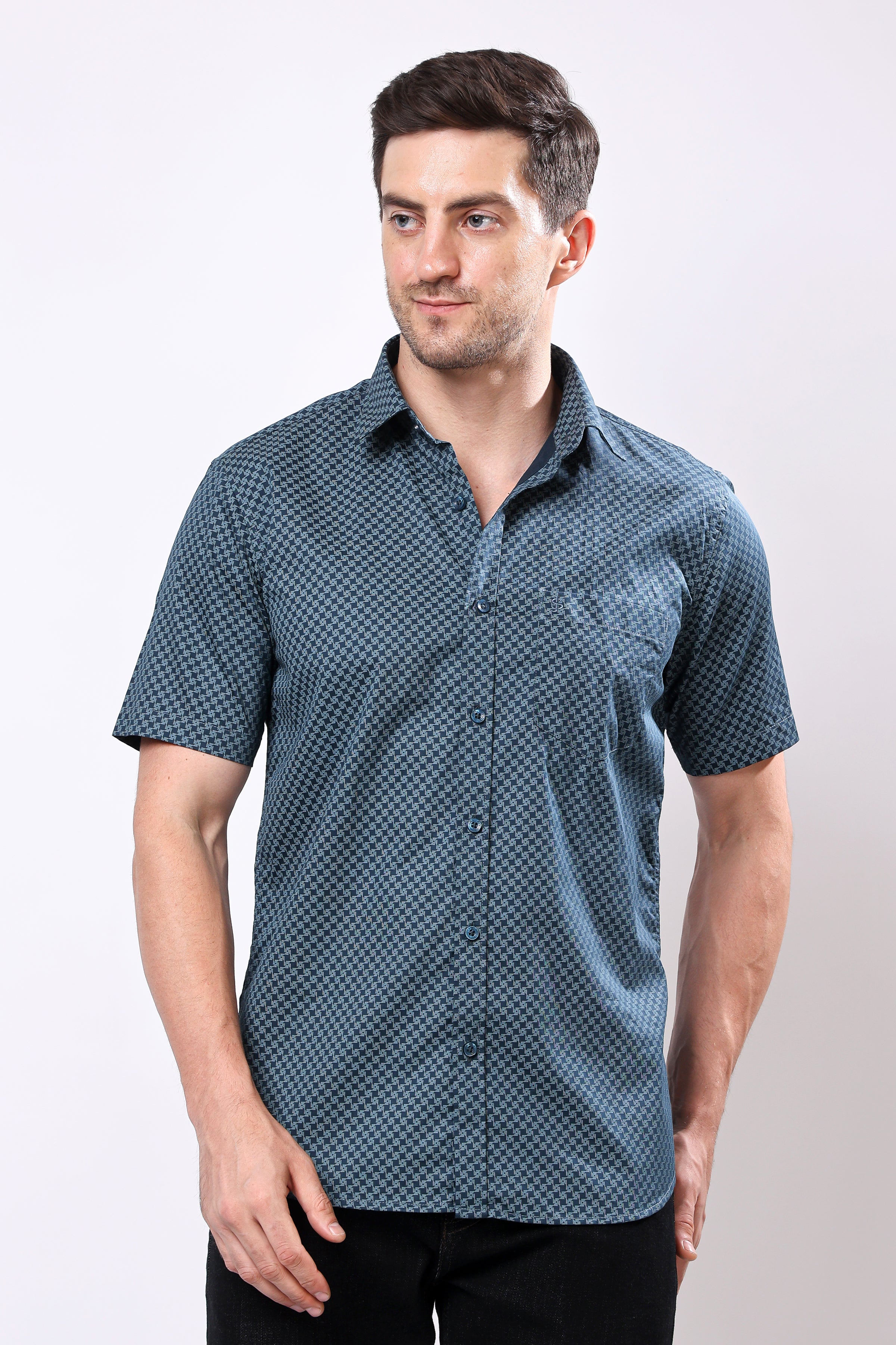 Stylox Men's Half Sleeve Geometric Print Casual Shirt – Premium Cotton Blend Regular Fit Summer Shirt - Stylox