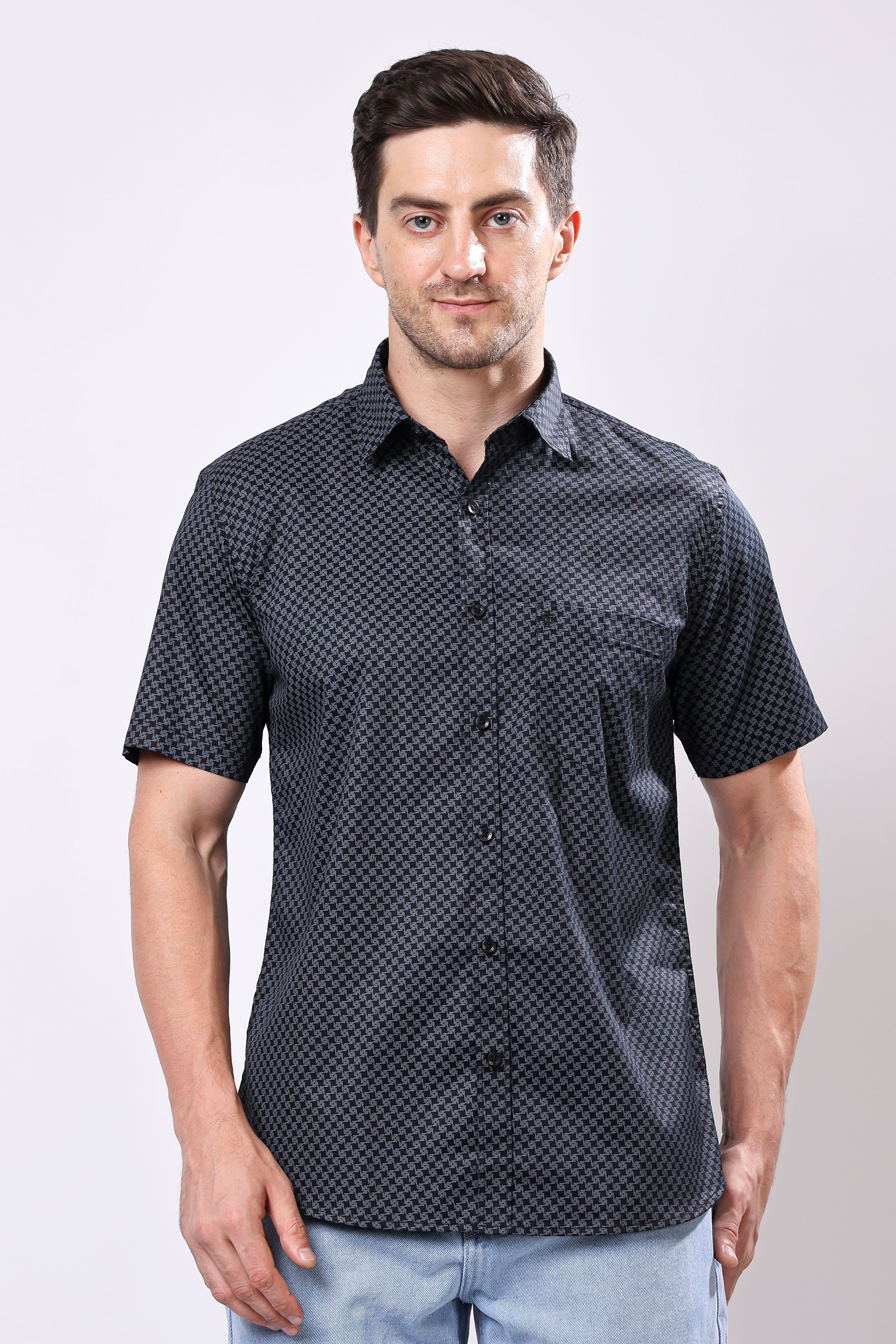 Stylox Men's Half Sleeve Geometric Print Casual Shirt – Premium Cotton Blend Regular Fit Summer Shirt - Stylox