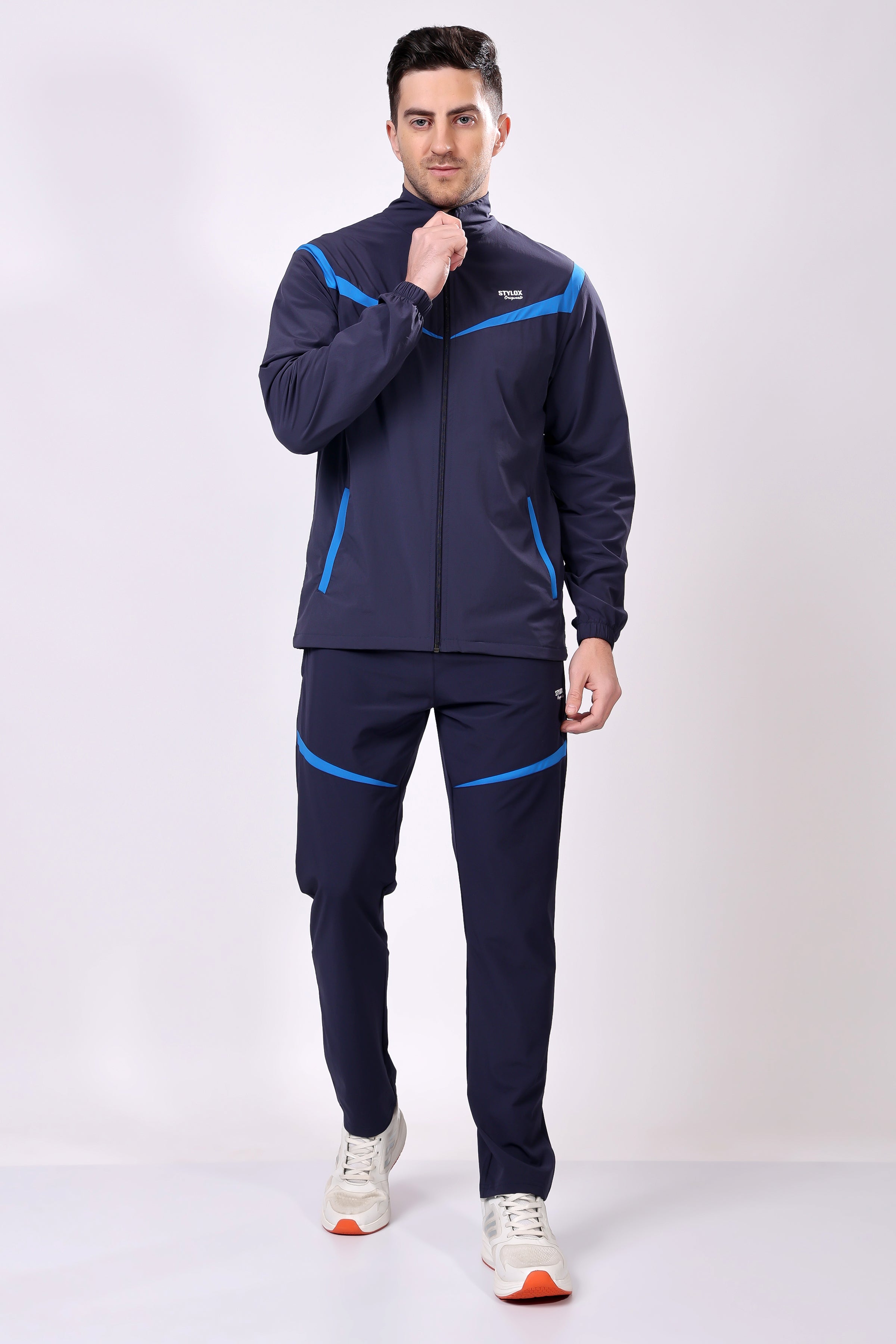 Stylox Men’s Dark Blue Tracksuit | Full Zip High Neck Jacket & Track Pants Set | Lightweight Polyester Activewear for Gym, Running & Training - Stylox