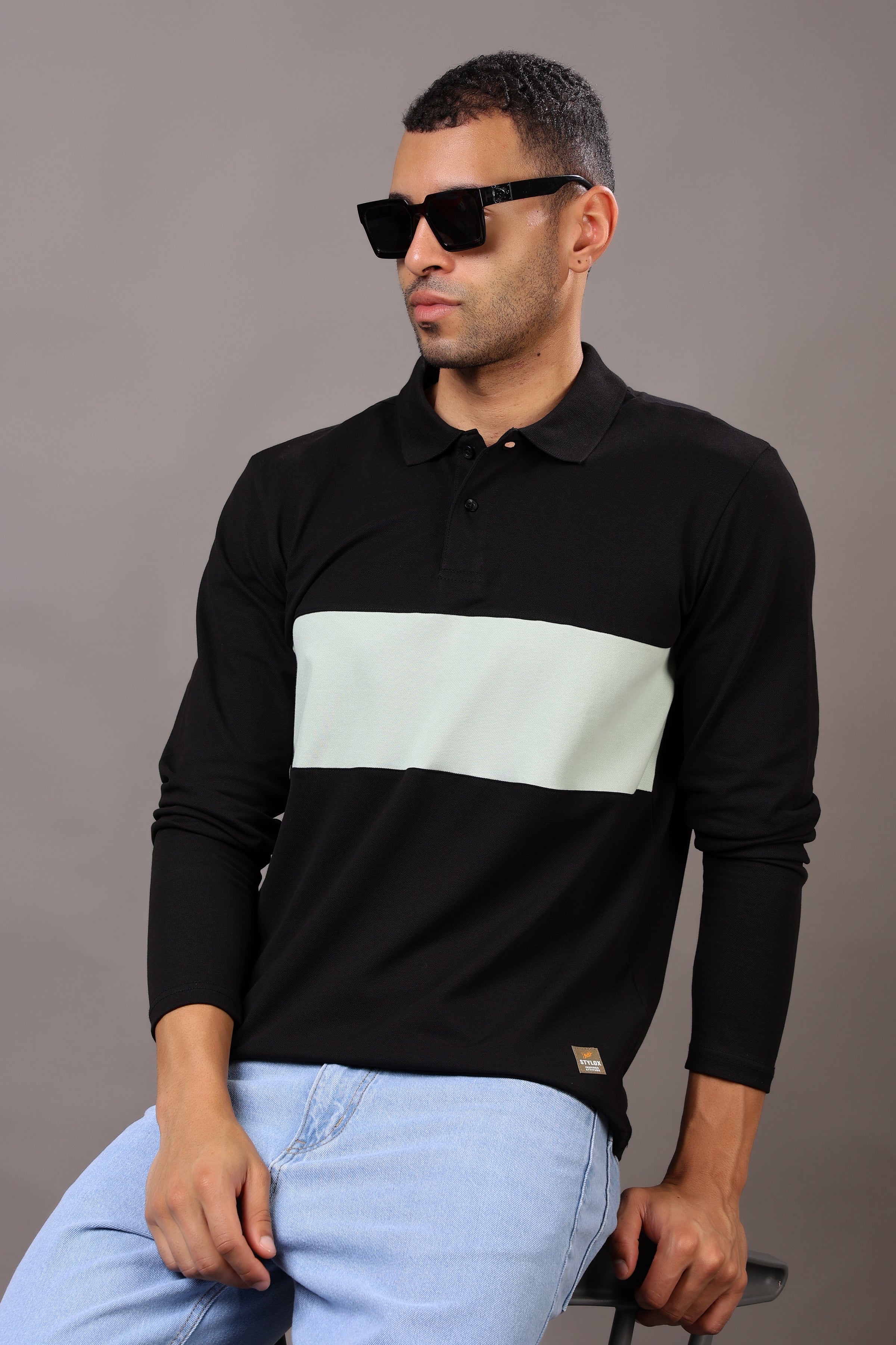 Stylox Men’s Long Sleeve Polo T-Shirt with Cut & Sew Design - Stylox