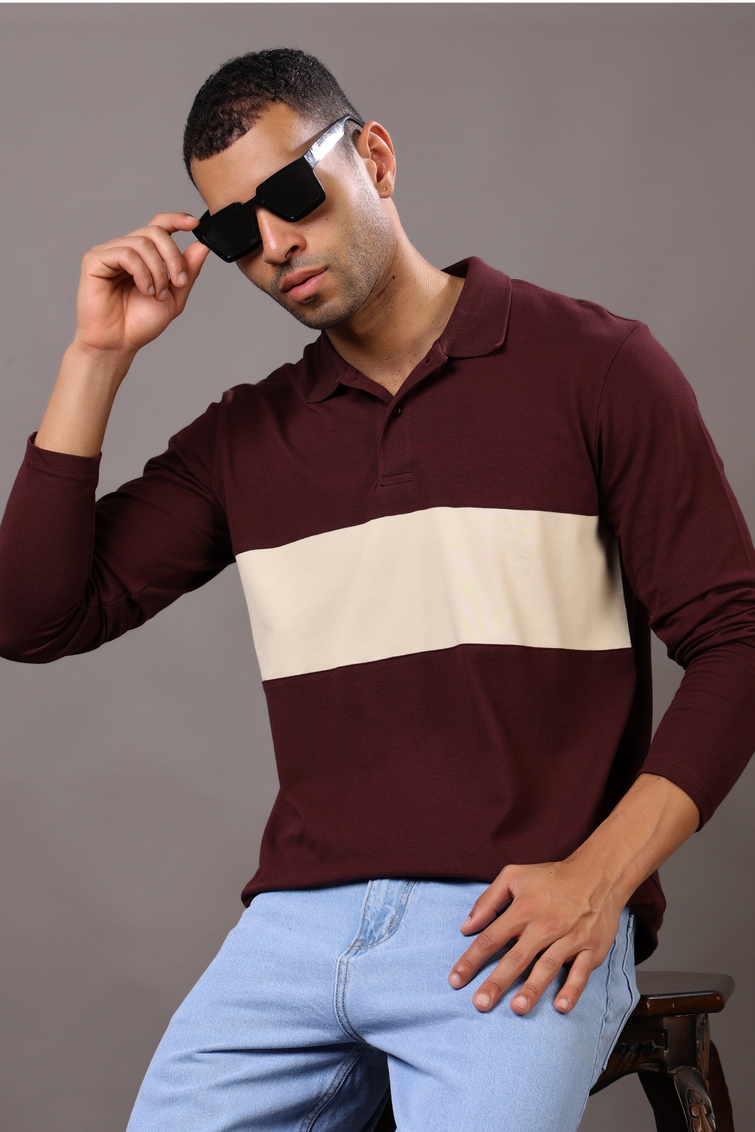 Stylox Men’s Long Sleeve Polo T-Shirt with Cut & Sew Design - Stylox