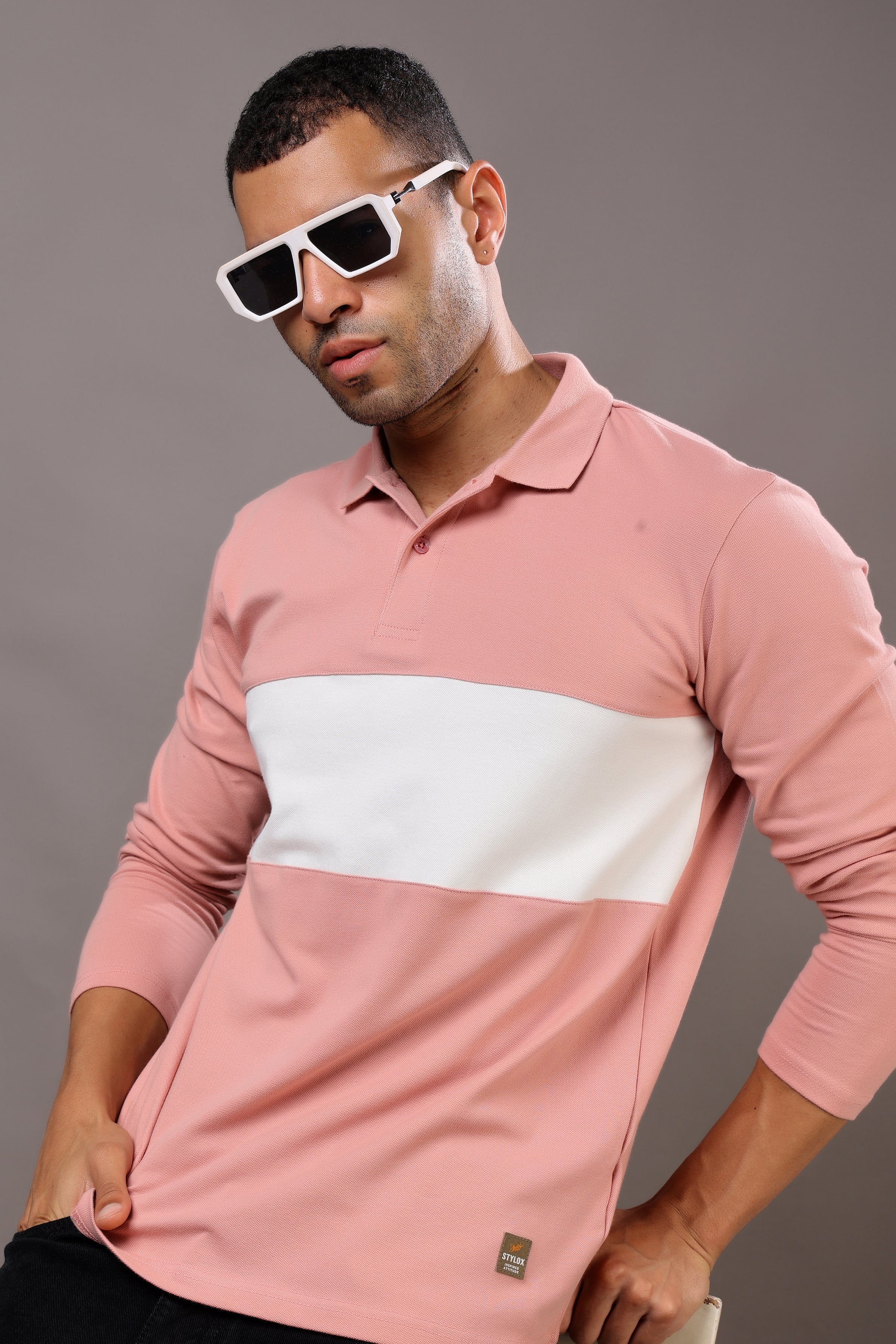 Stylox Men’s Long Sleeve Polo T-Shirt with Cut & Sew Design - Stylox
