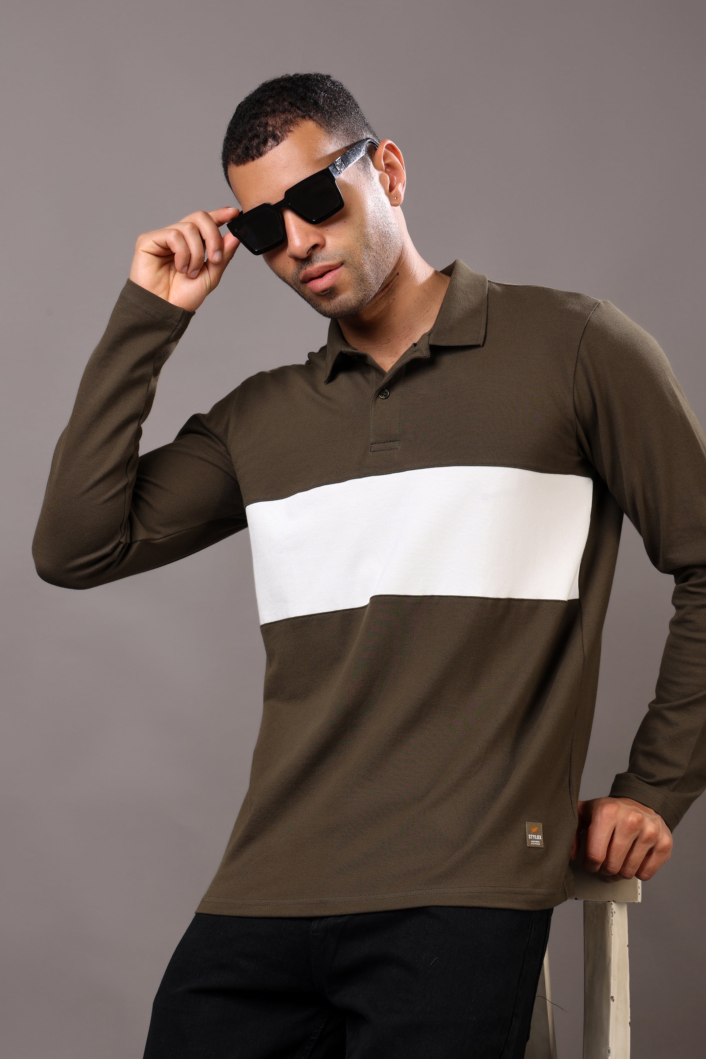 Stylox Men’s Long Sleeve Polo T-Shirt with Cut & Sew Design - Stylox