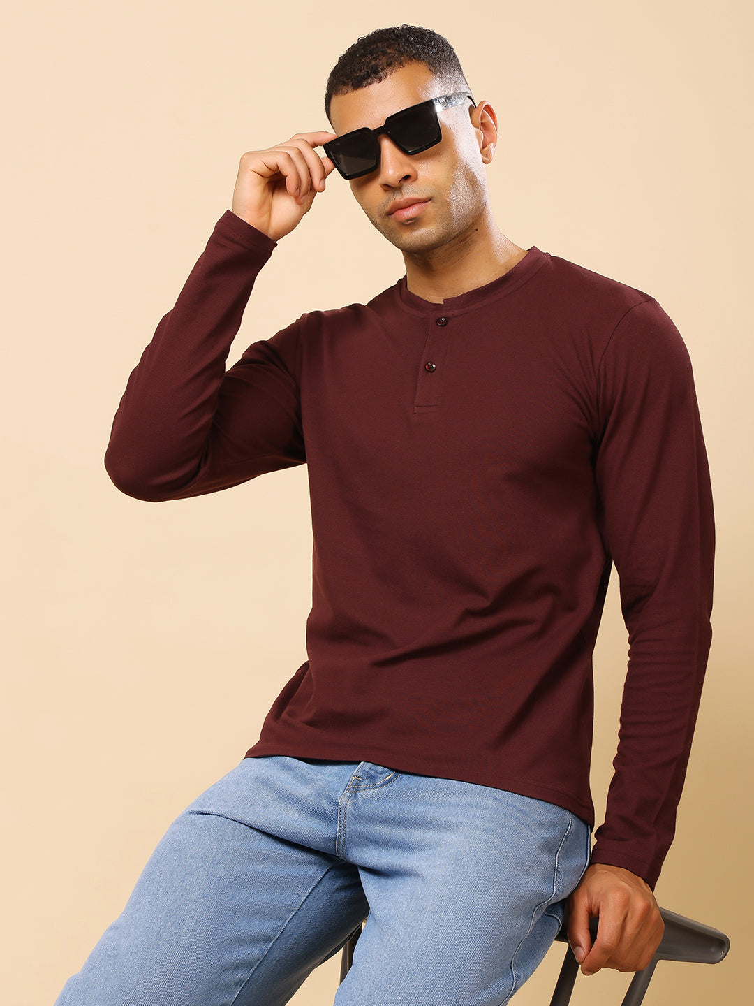 Stylox Men’s Henley Neck Full Sleeve Solid T-Shirt – Casual & Stylish Everyday Wear - Stylox