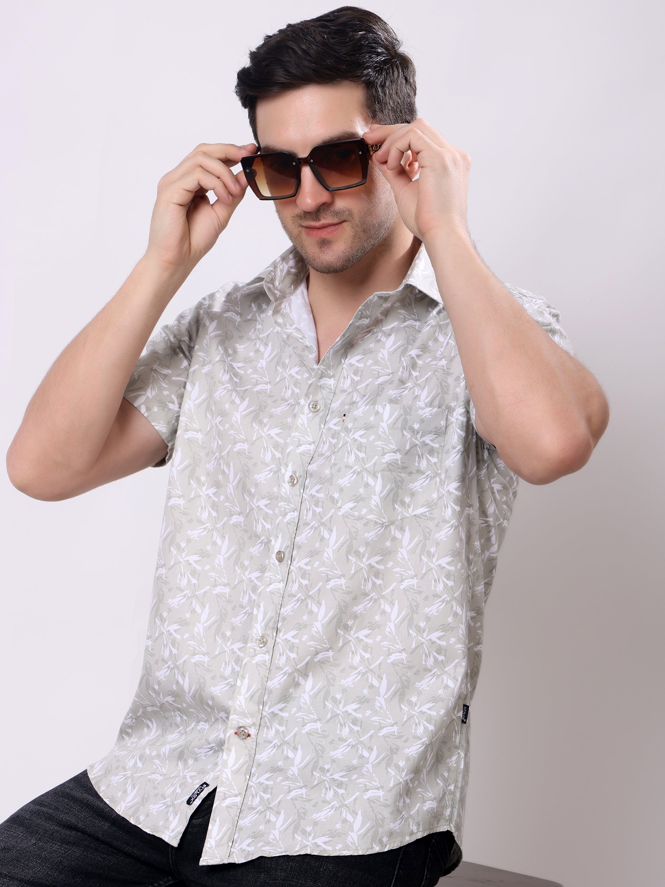 Stylox Men’s Regular Fit Half Sleeve Leaf Print Cotton Summer Casual Shirt - Stylox