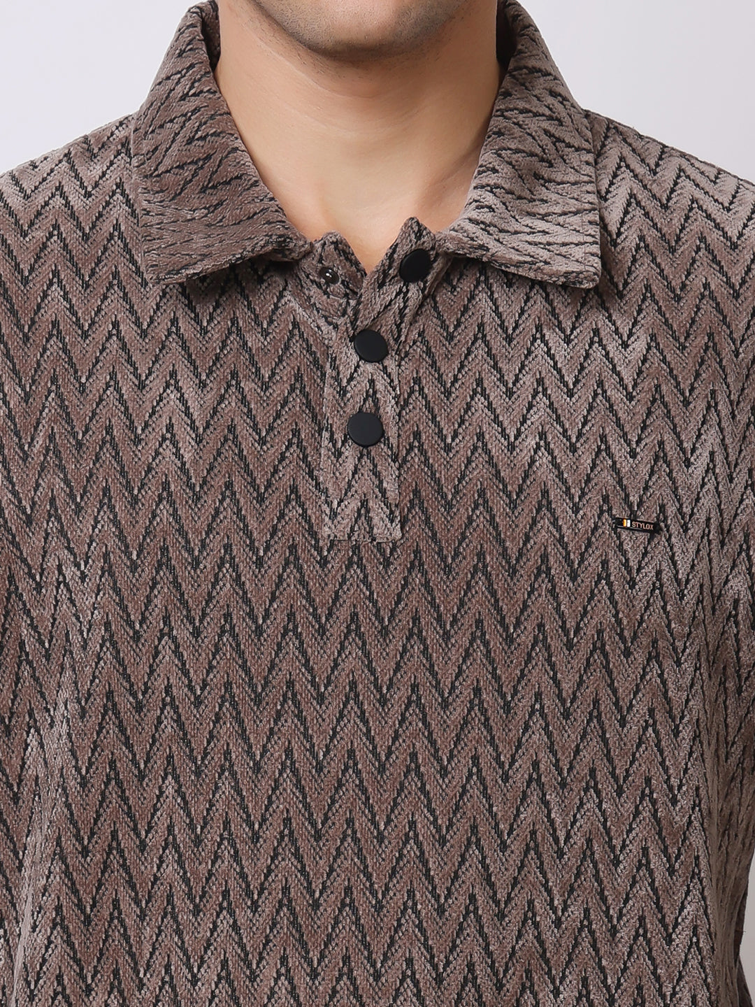 Stylox Men’s Textured Winter Sweatshirt – Chevron Pattern Pullover with Collar & Button Placket