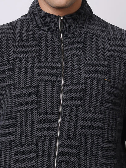 Stylox Men’s Black Textured Full-Zip Winter Jacket – Warm Fleece-Lined High Neck Sweatshirt for Casual Wear