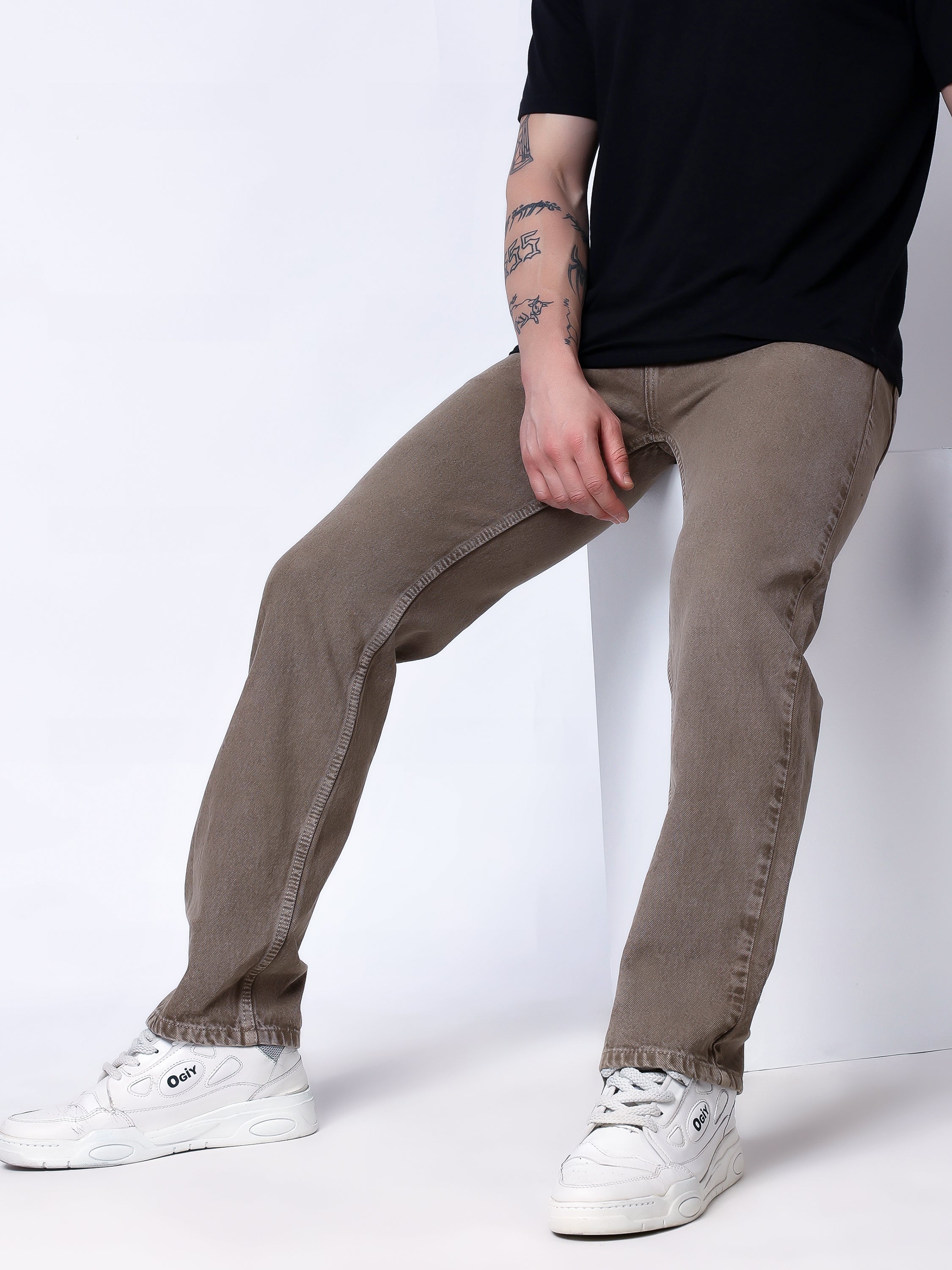 Stylox Men’s Comfort Fit Non-Stretch Denim Jeans-Brown