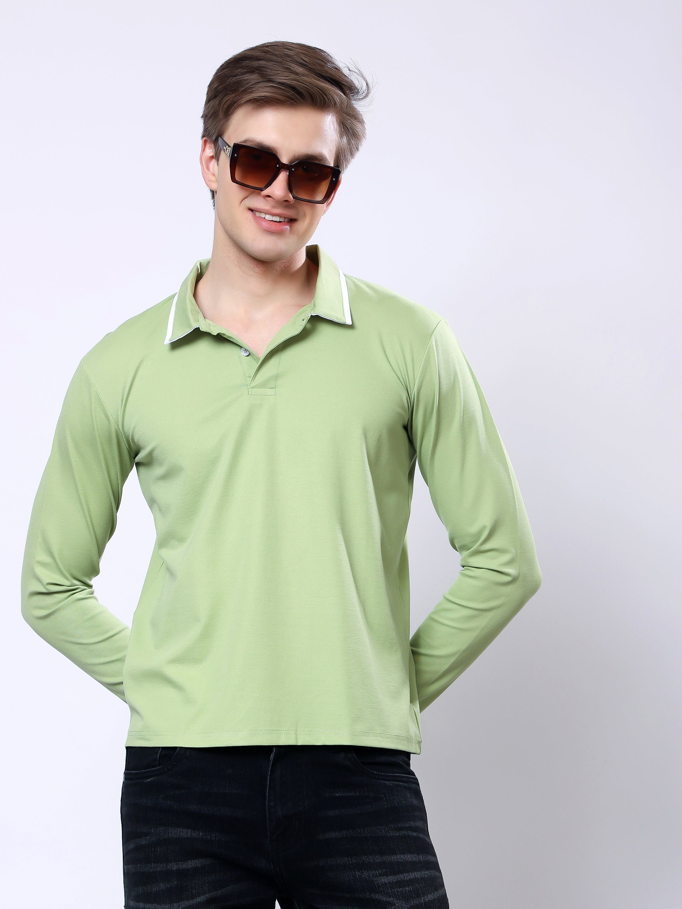 Stylox Men’s Regular Fit Solid Full Sleeve Polo T-Shirt with Contrast Collar - Stylox
