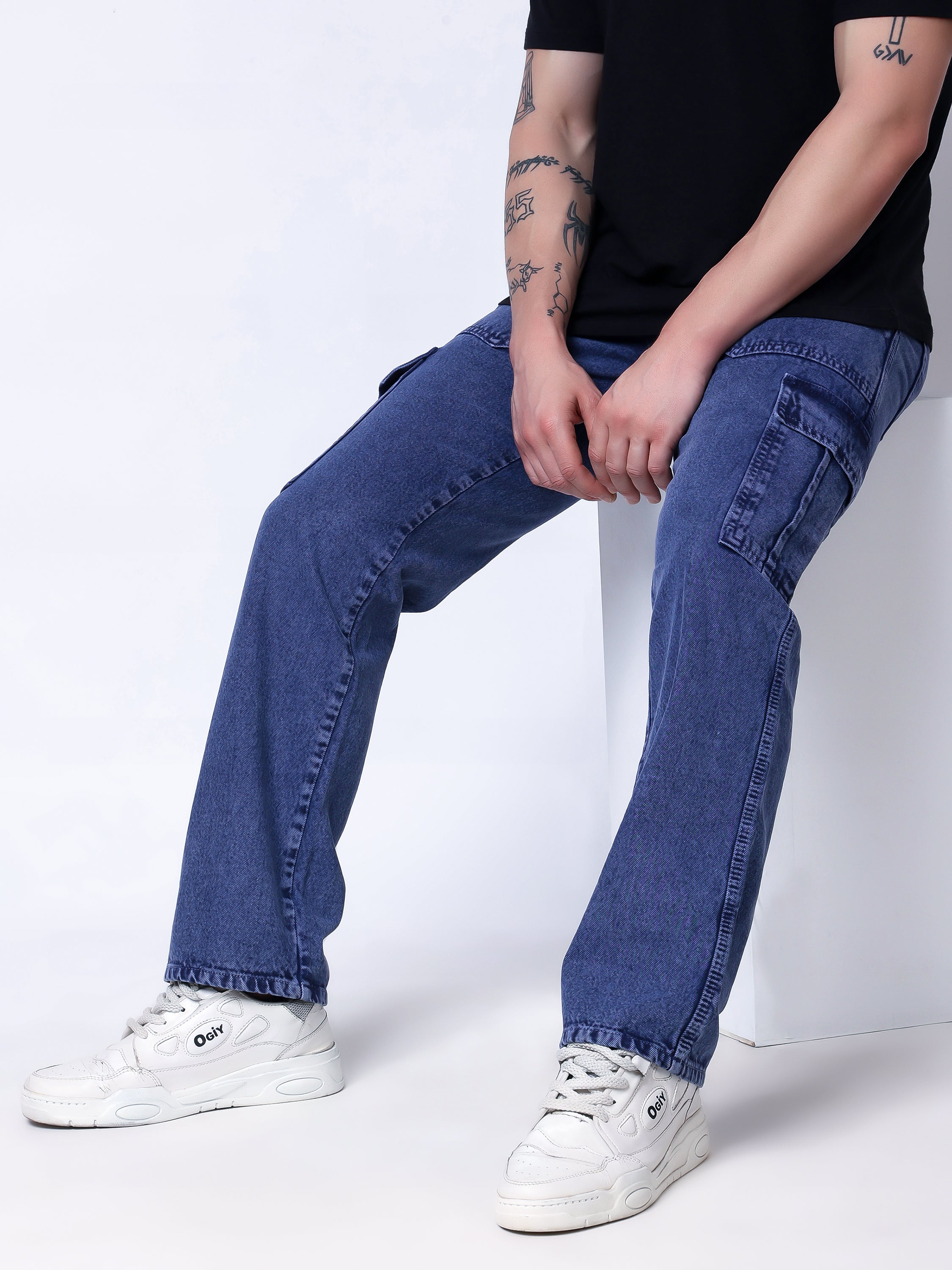 Stylox Men’s Comfort Fit Non-Stretch Cargo Jeans with Multi Pockets-Mid Light Blue