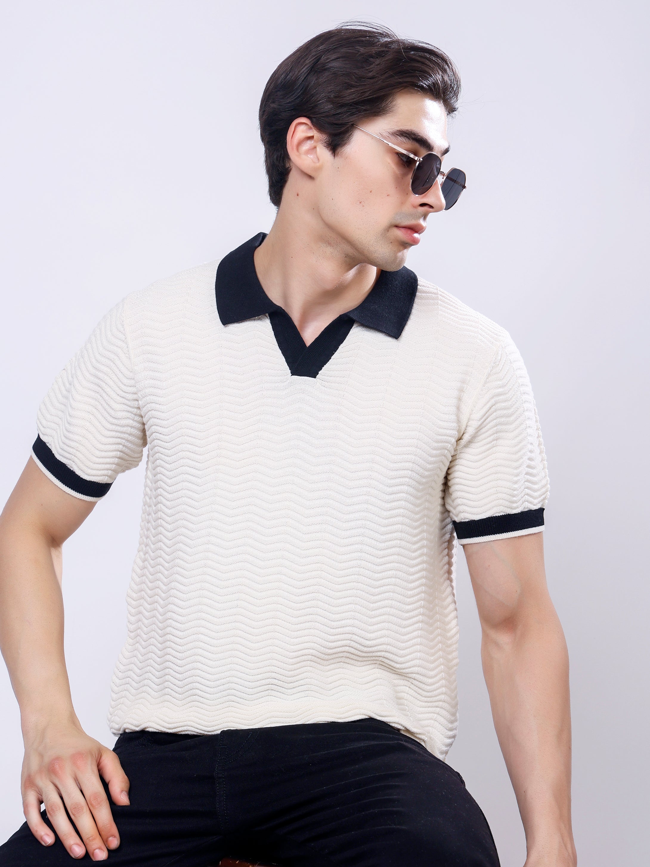 Stylox Men's Regular Fit Half Sleeve Textured Knitted Contrast Collar Polo Tee