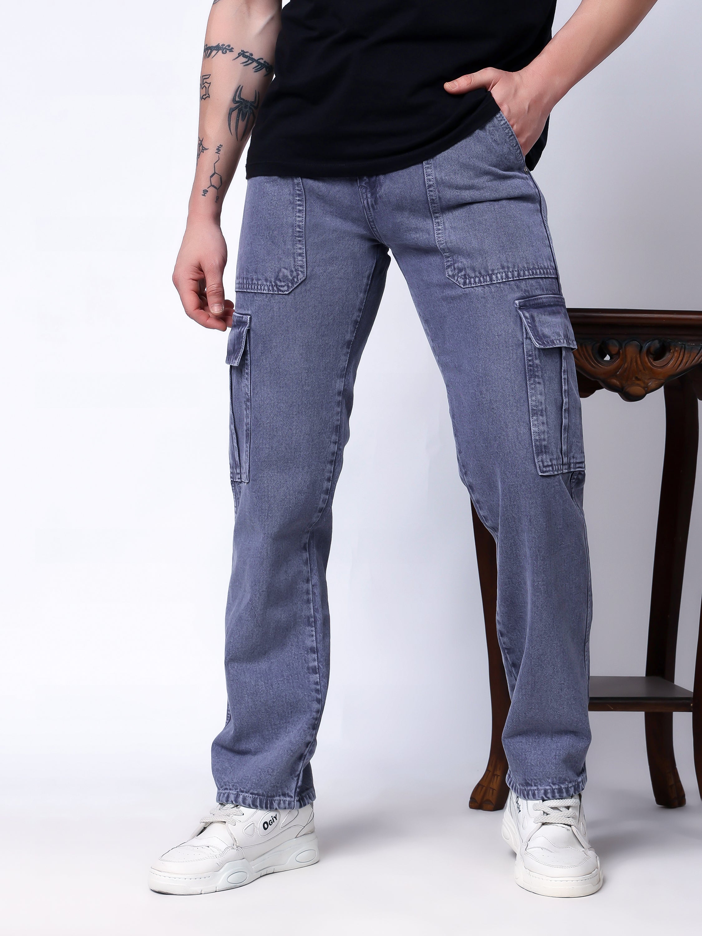 Stylox Men’s Comfort Fit Non-Stretch Cargo Jeans with Multi Pockets-Mid Grey