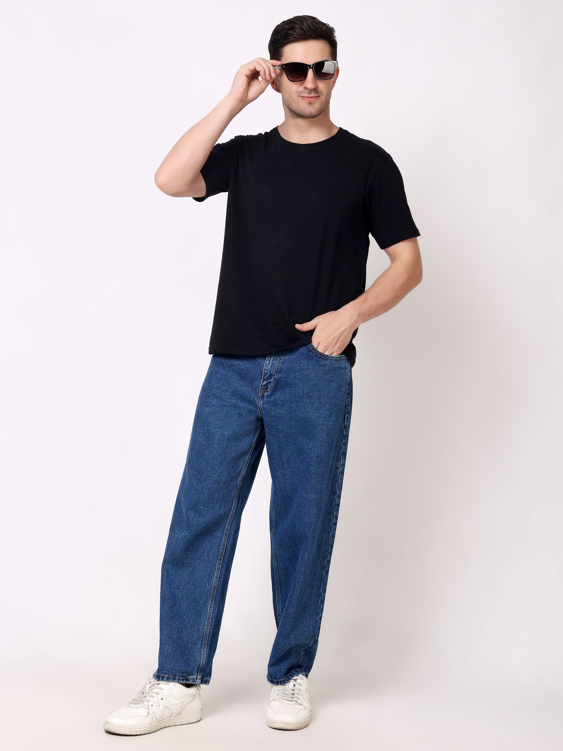 Stylox Men's Mid Indigo Super Baggy Fit Non-Stretchable Denim Jeans