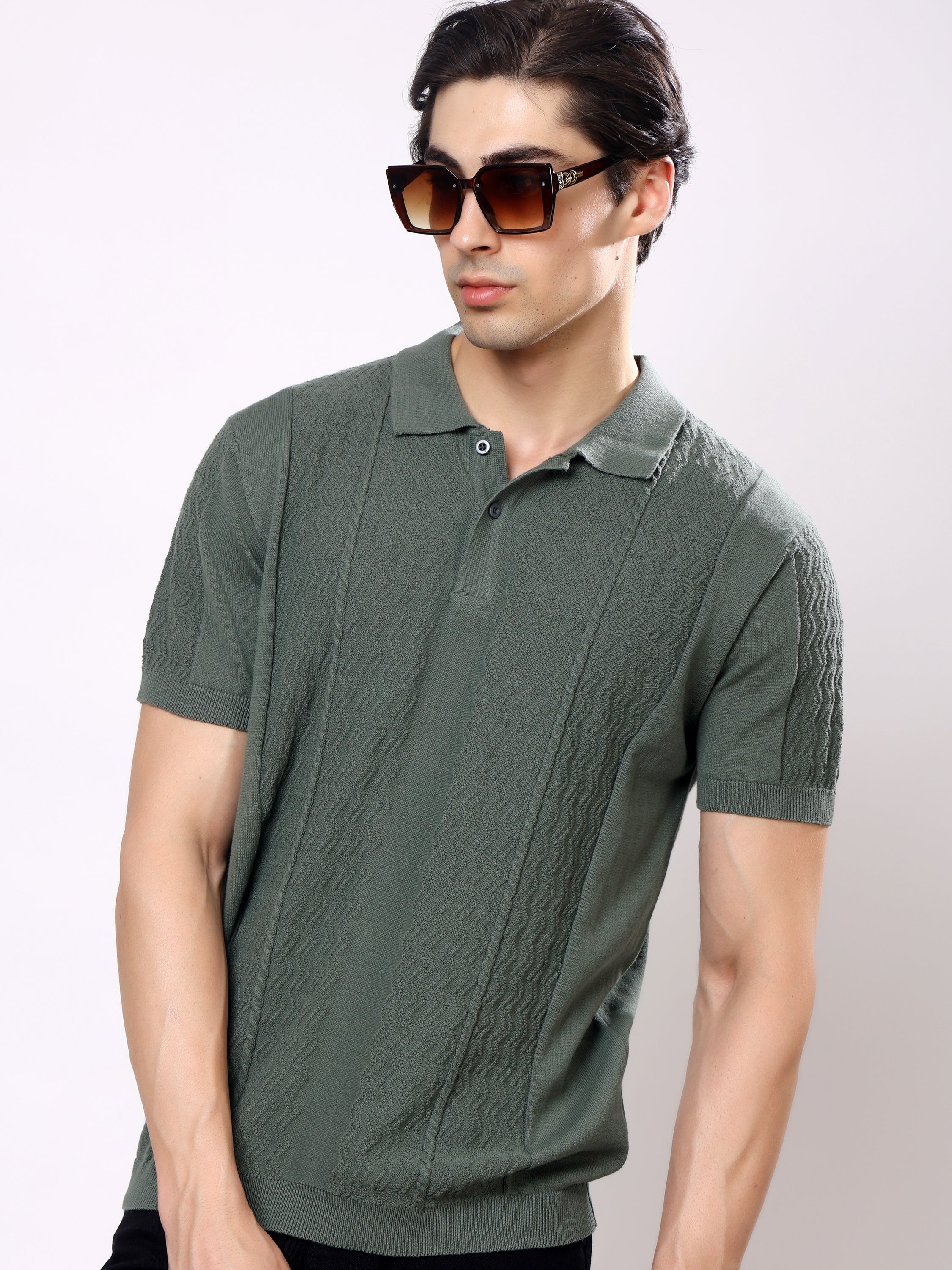 Stylox Men's Regular Fit Half Sleeve Textured Knitted Polo T-Shirt