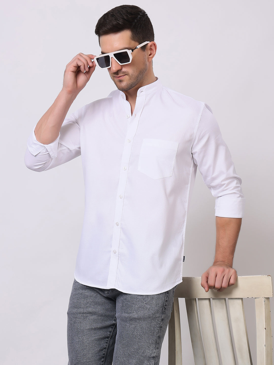 Stylox Men's Full Sleeve Solid White Casual Shirt with Mandarin Collar – Premium Cotton Blend Regular Fit Shirt for Smart & Minimal Everyday Style - Stylox