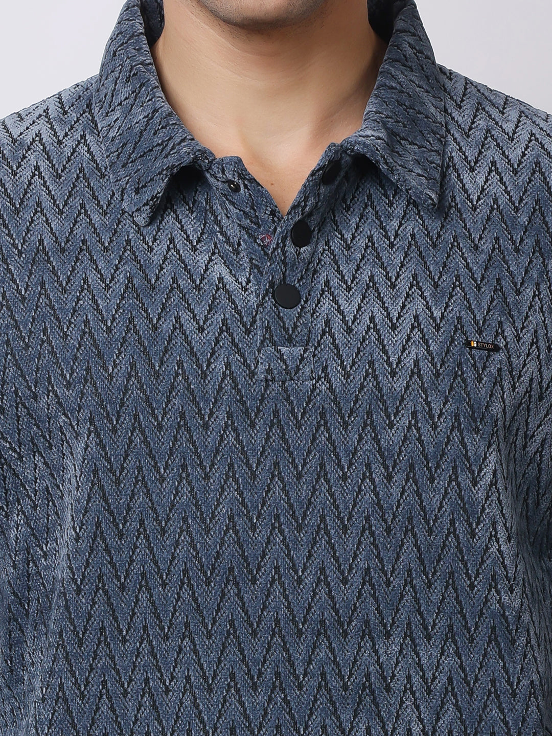 Stylox Men’s Textured Winter Sweatshirt – Chevron Pattern Pullover with Collar & Button Placket