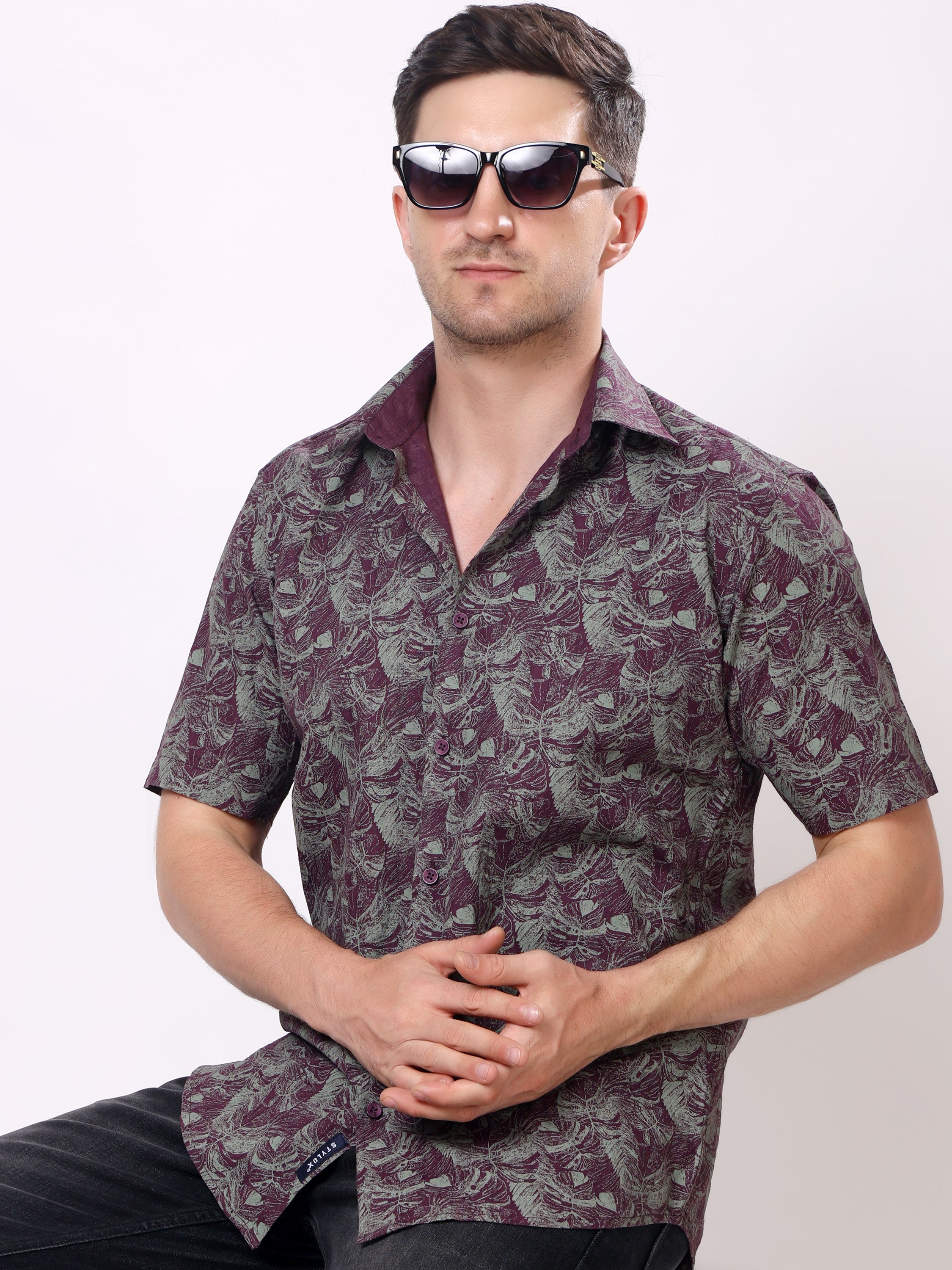 Stylox Men’s Regular Fit Half Sleeve Tropical Leaf Printed Casual Summer Shirt - Stylox