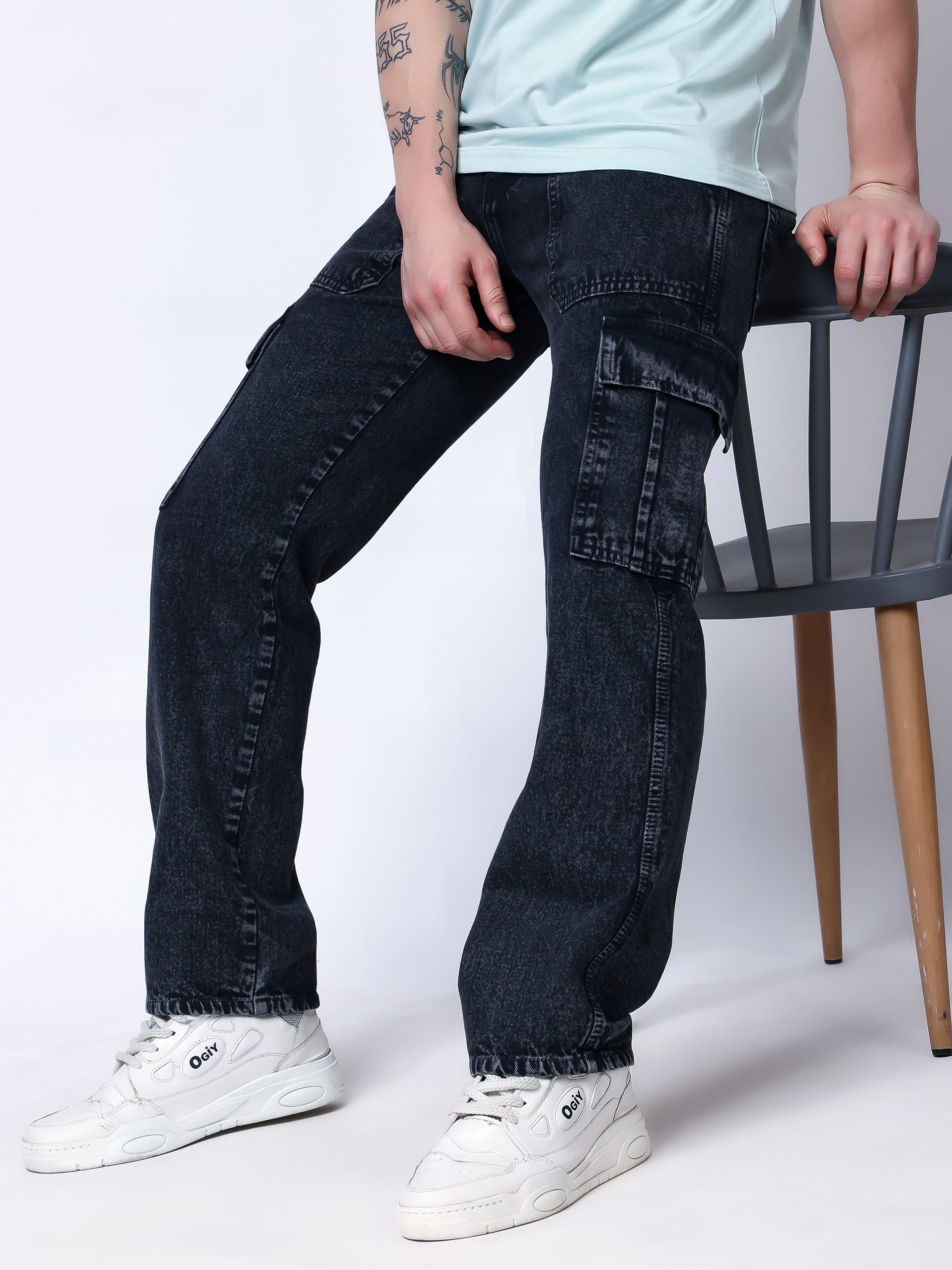 Stylox Men’s Comfort Fit Non-Stretch Cargo Jeans with Multi Pockets-Dark Grey