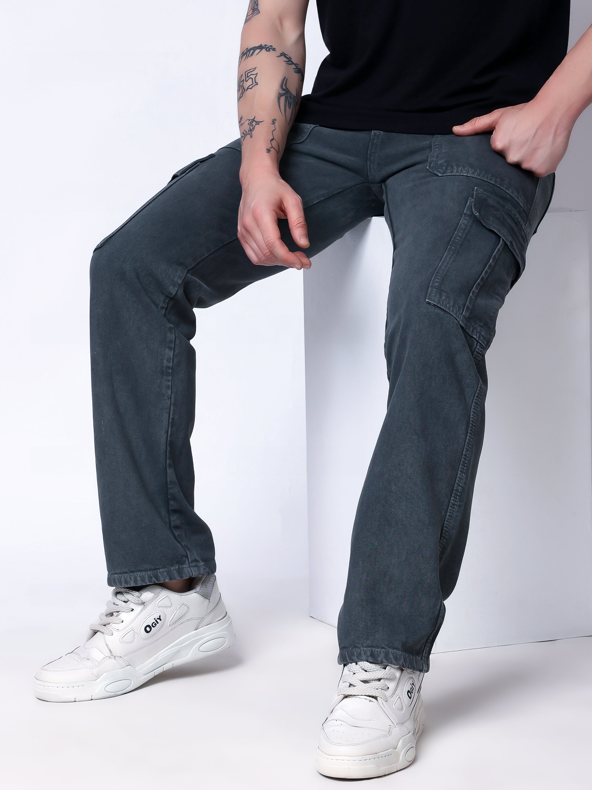Stylox Men’s Comfort Fit Non-Stretch Cargo Jeans with Multi Pockets-Mid Green