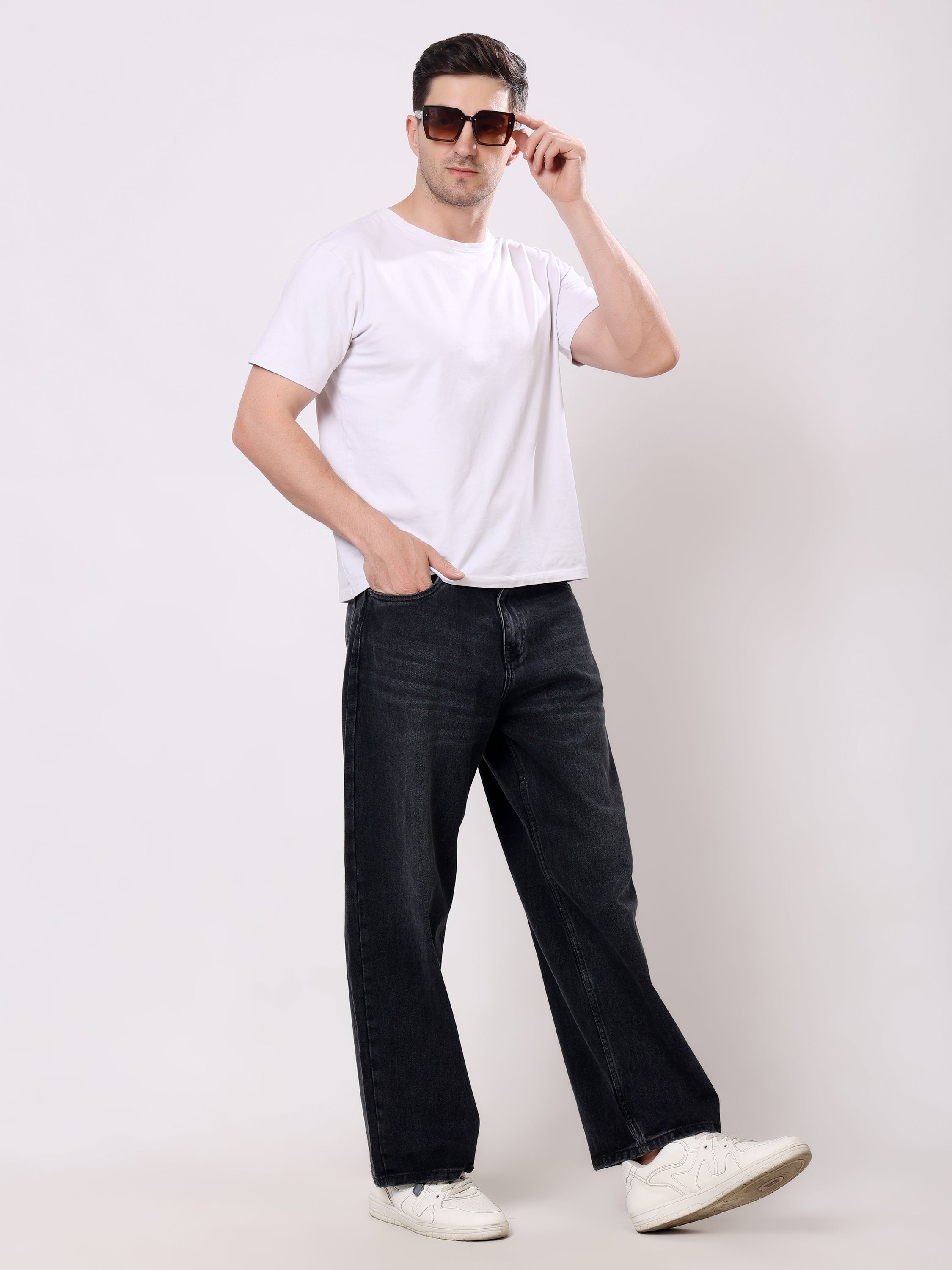 Stylox Men's Estern Black Super Baggy Fit Non-Stretchable Denim Jeans
