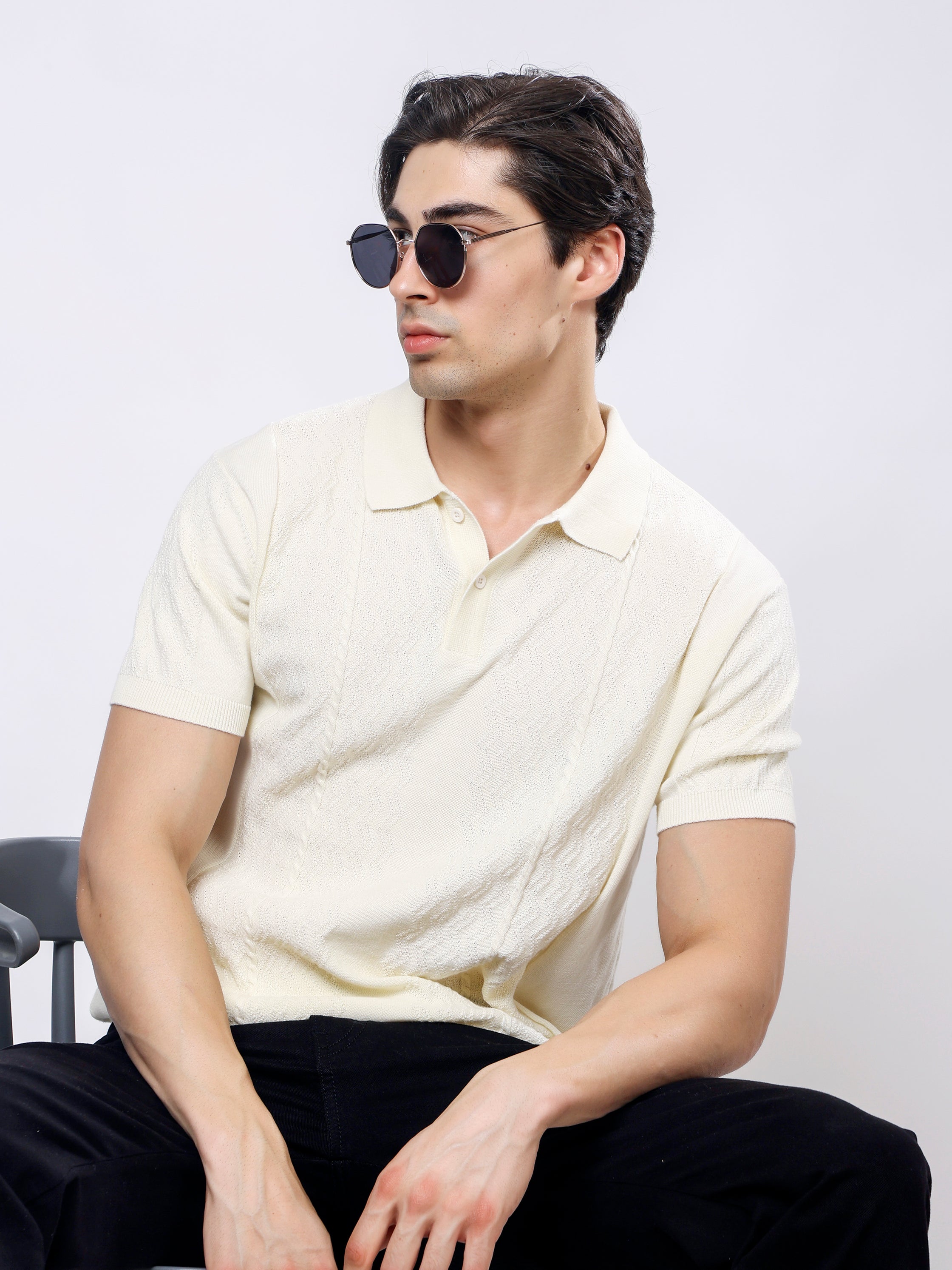 Stylox Men's Regular Fit Half Sleeve Textured Knitted Polo T-Shirt