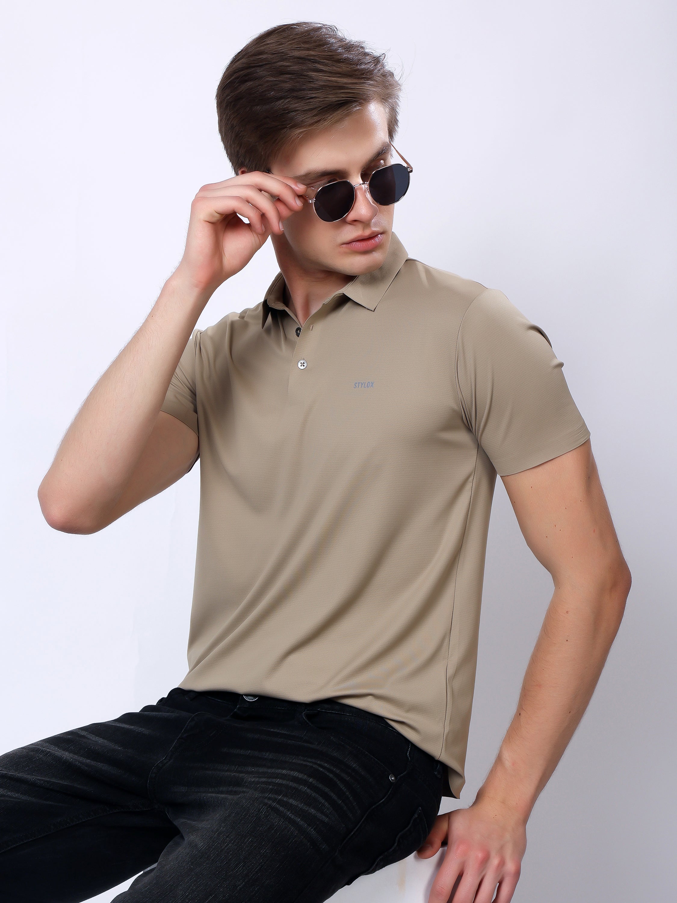 Stylox Men’s Premium Regular Fit Stretchable Polo T-Shirt–Beige - Stylox