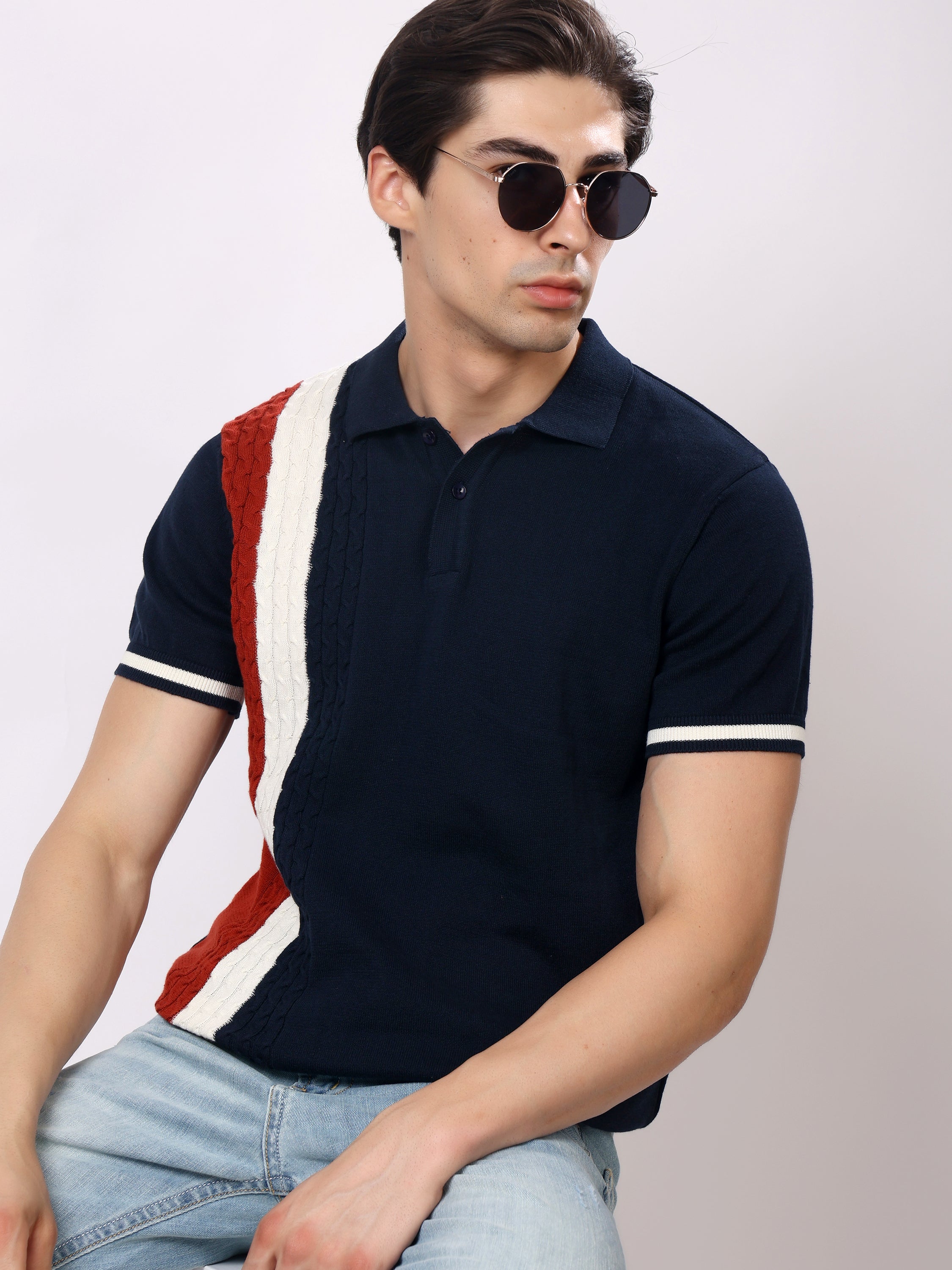 Stylox Men's Regular Fit Half Sleeve Navy Knitted Color Block Polo Tee
