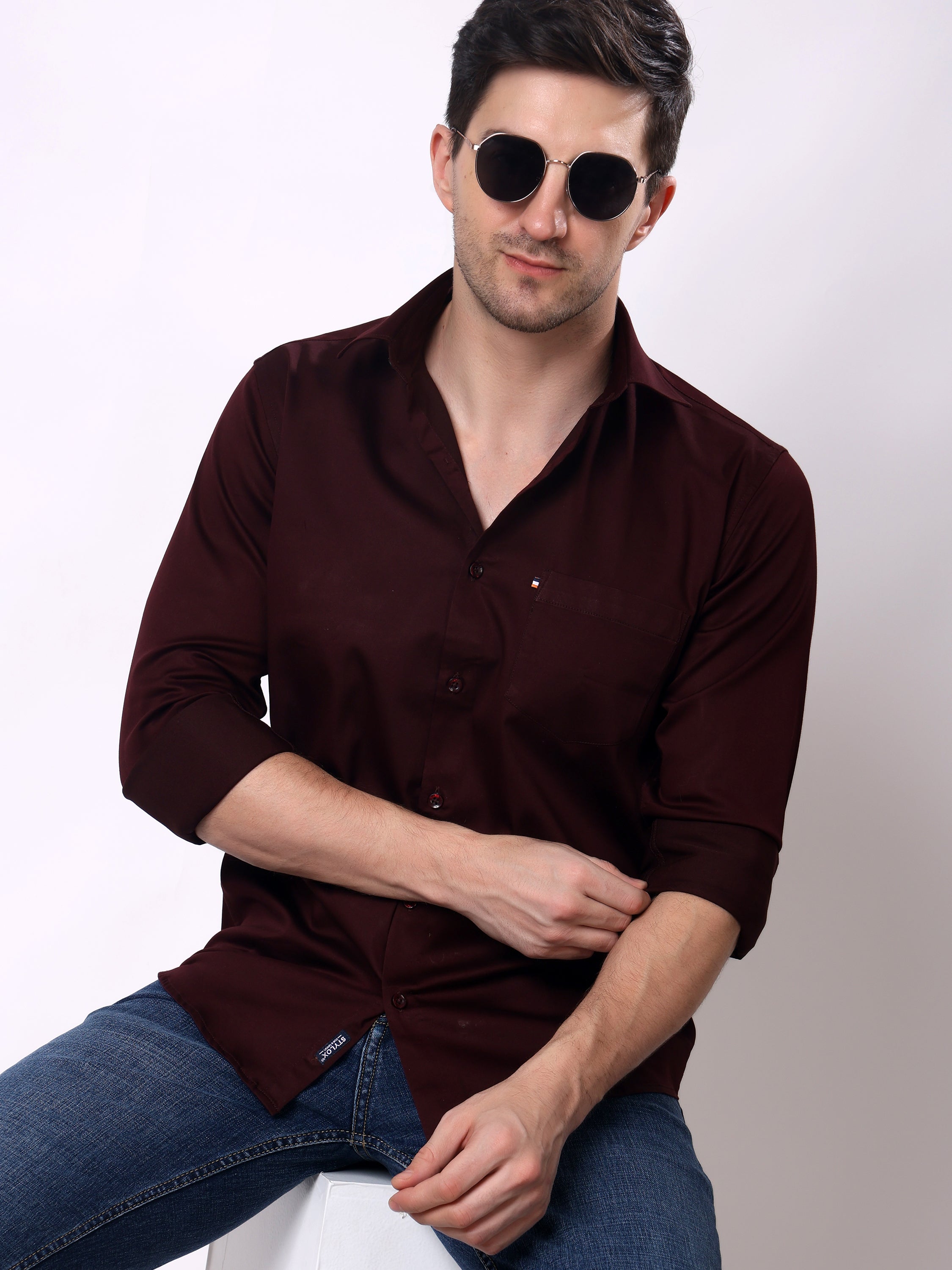 Stylox Men’s Regular Fit Full Sleeve Solid Cotton Satin Casual Shirt - Stylox