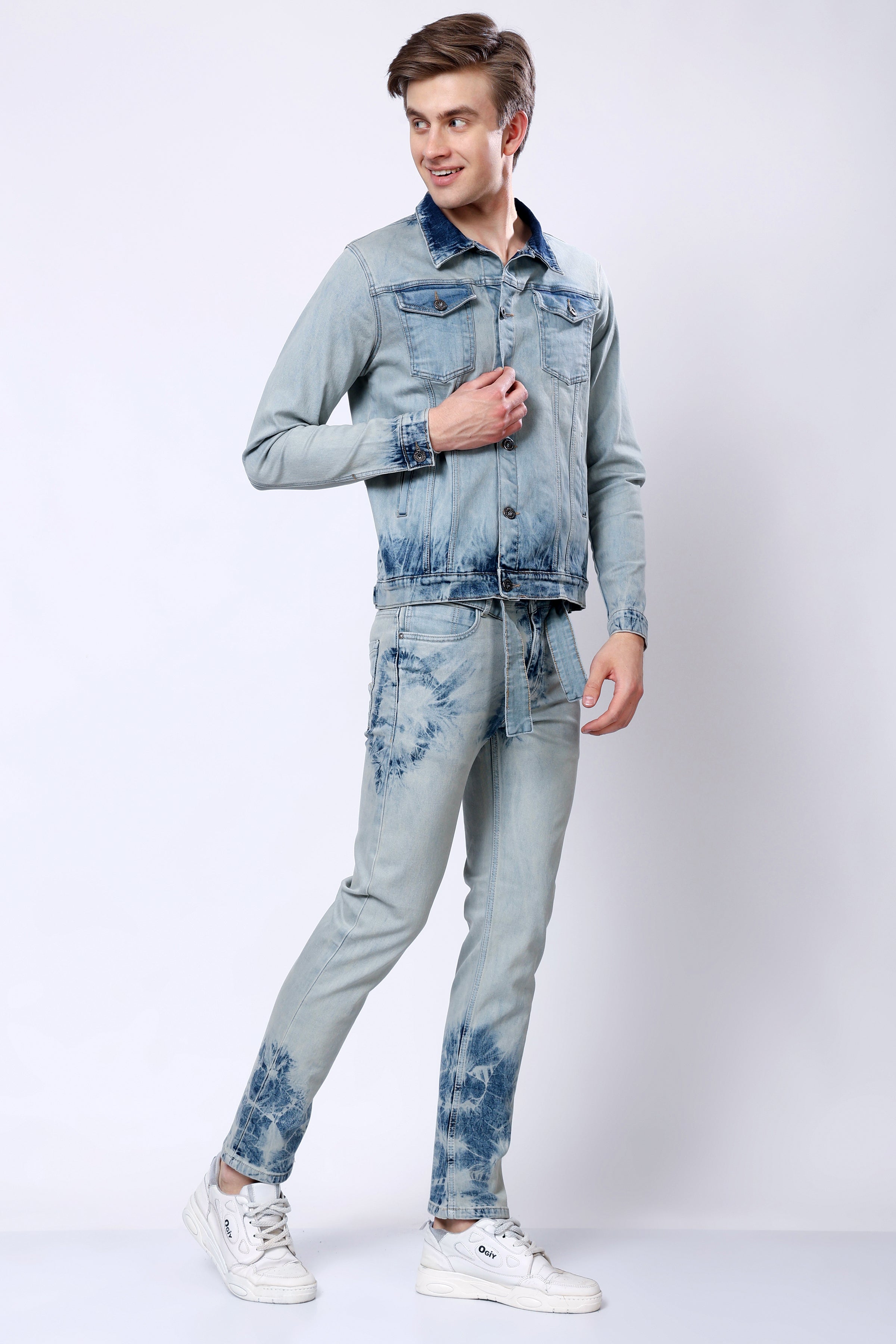 Stylox Men’s Mid-Rise Comfort Fit Stretchable Vintage Blue Tie-Dye Denim Jeans - Stylox