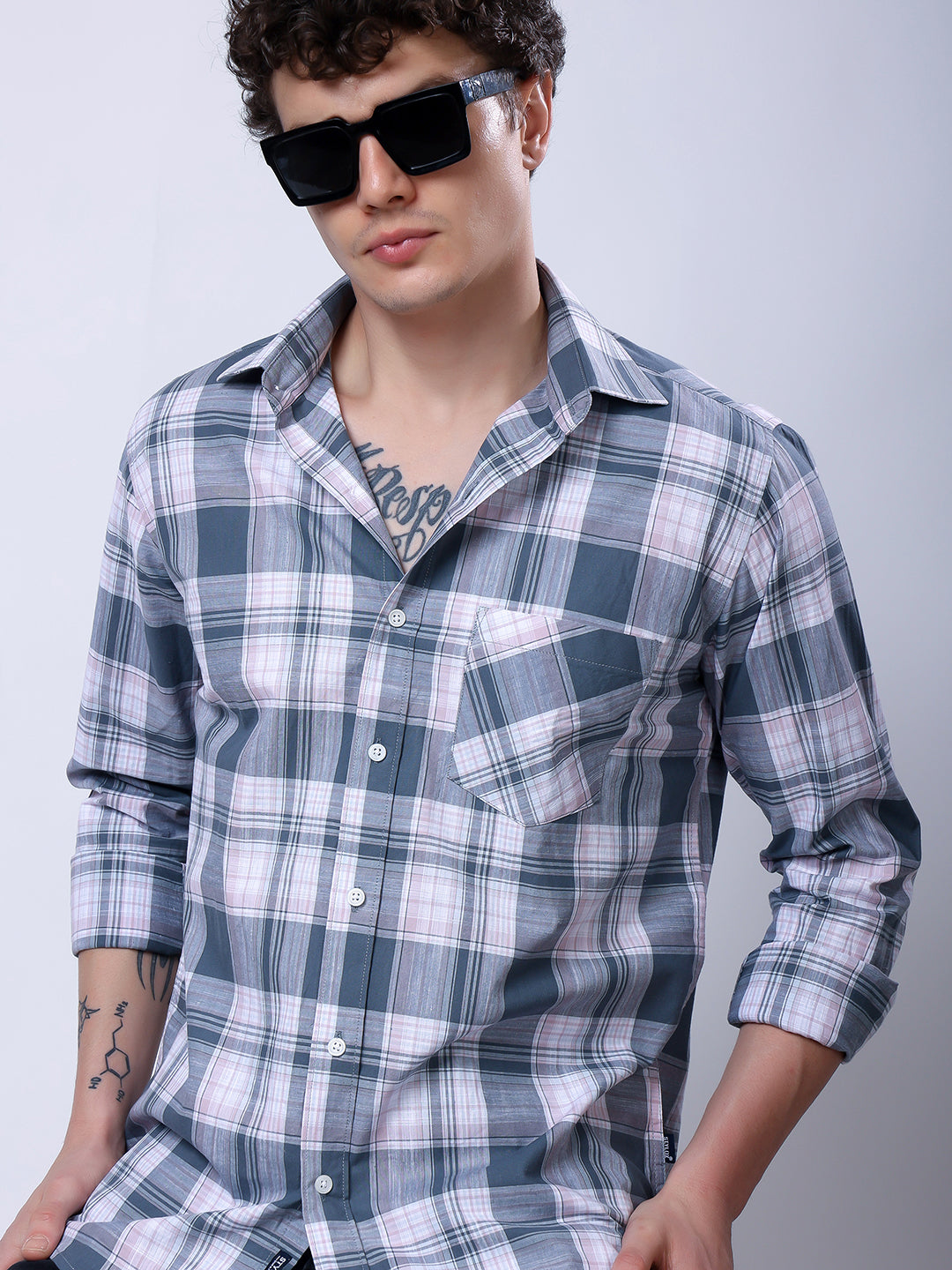 Stylox Men’s Regular Fit Full Sleeve Casual Check Shirt–Grey & Coral - Stylox