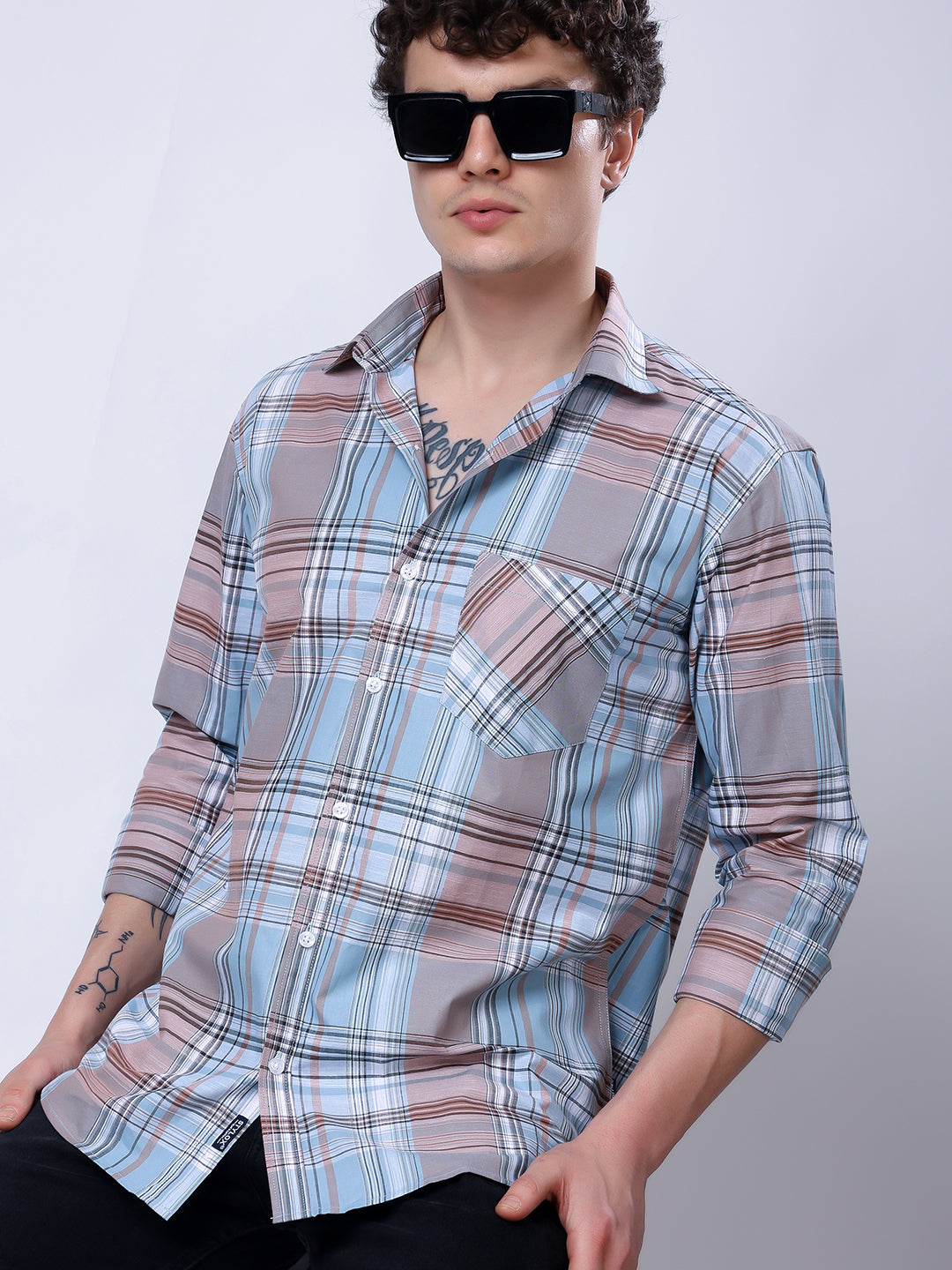 Stylox Men’s Regular Fit Full Sleeve Casual Check Shirt–Light Brown &amp; Light Blue - Stylox