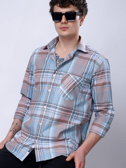 Stylox Men’s Regular Fit Full Sleeve Casual Check Shirt–Light Brown &amp; Light Blue - Stylox
