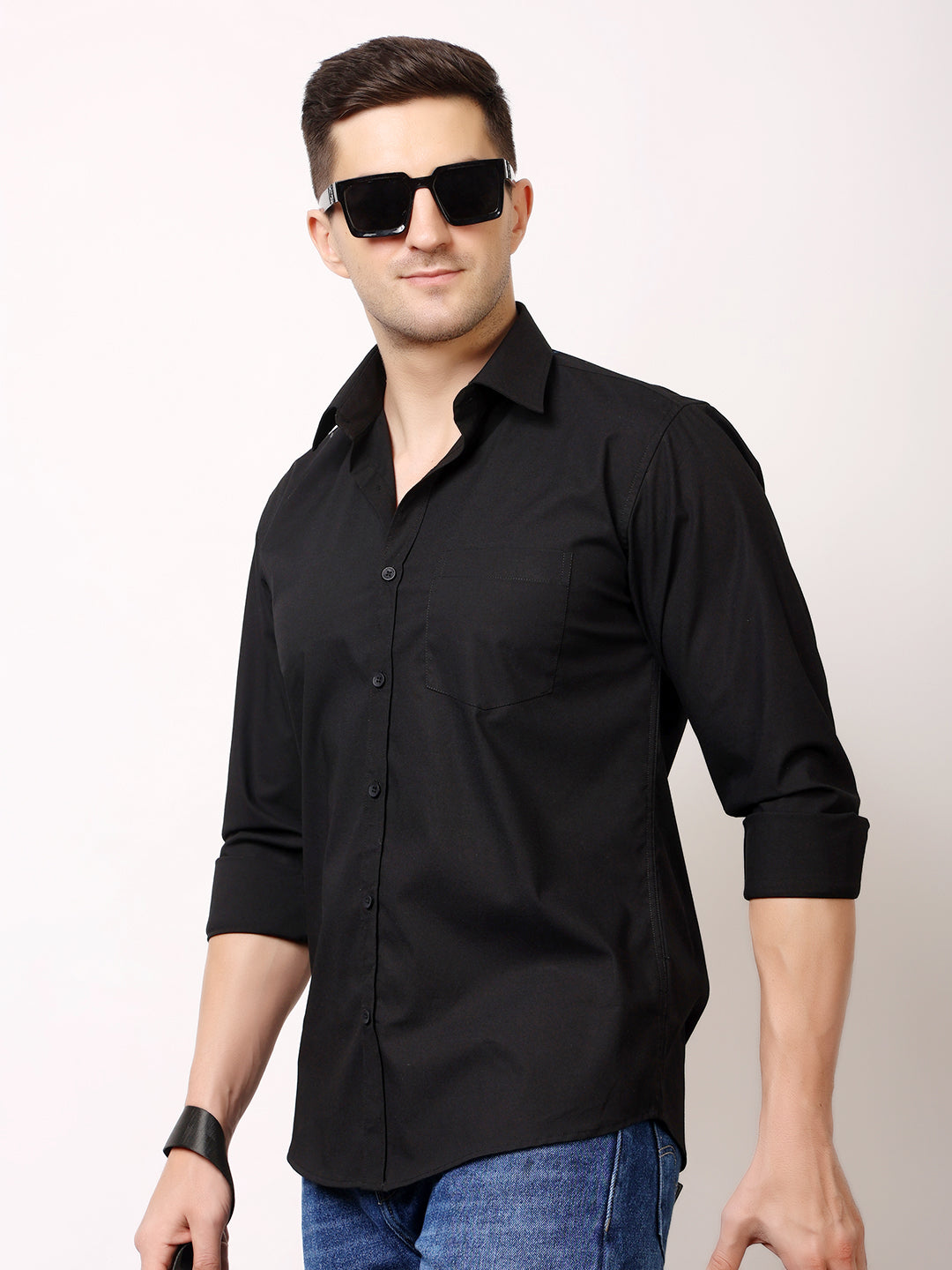 Stylox Men's Full Sleeve Solid Black Casual Shirt – Premium Cotton Blend Regular Fit Shirt for Everyday Comfort & Style