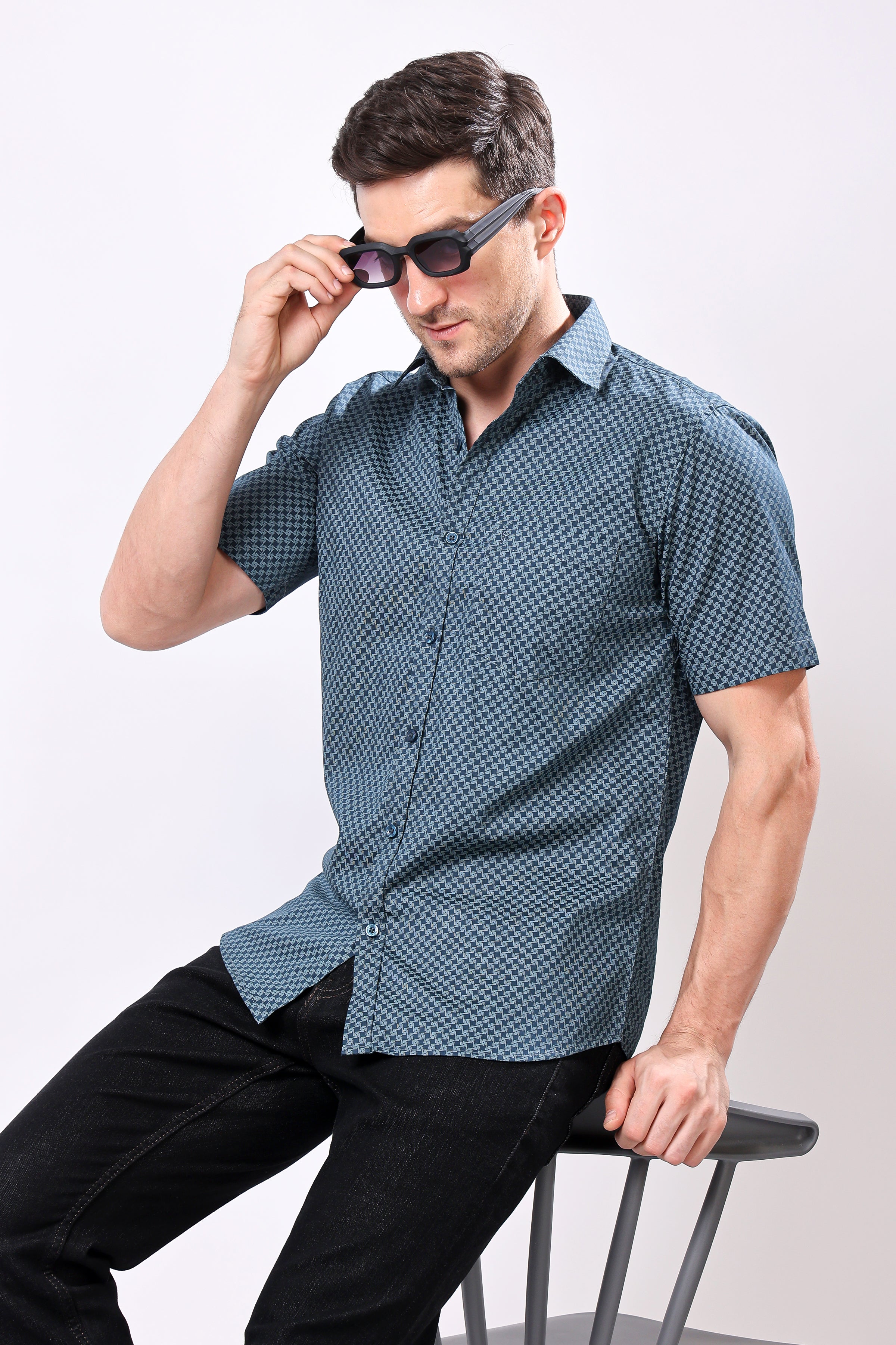 Stylox Men's Half Sleeve Geometric Print Casual Shirt – Premium Cotton Blend Regular Fit Summer Shirt - Stylox