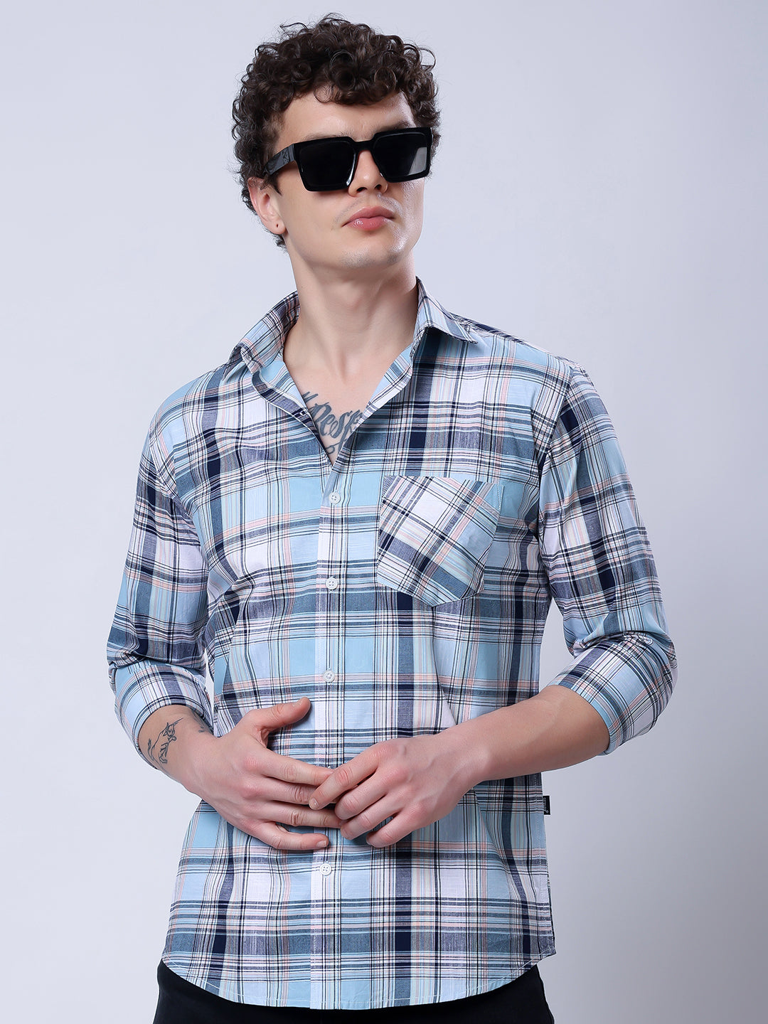 Stylox Men’s Regular Fit Full Sleeve Casual Check Shirt–Blue & Grey - Stylox