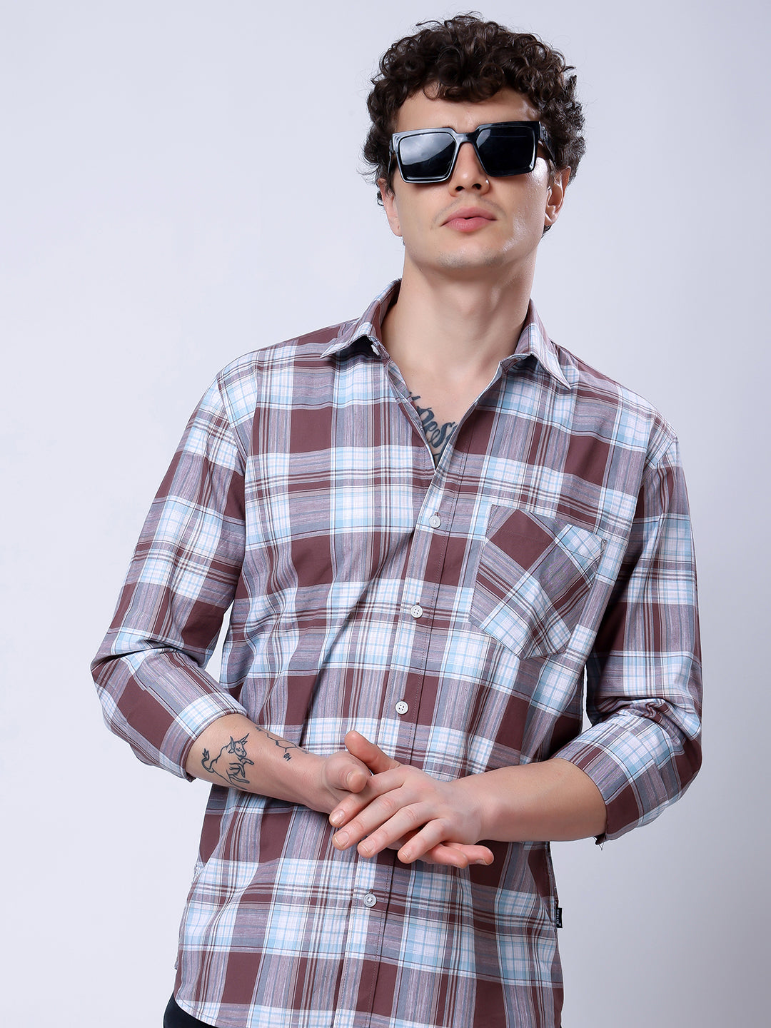 Stylox Men’s Regular Fit Full Sleeve Casual Check Shirt–Brown & Sky Blue - Stylox