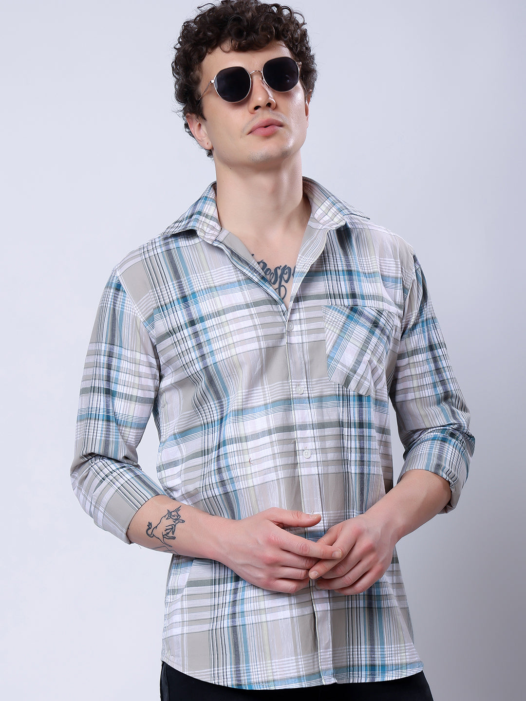 Stylox Men’s Regular Fit Full Sleeve Casual Check Shirt–Grey & Blue - Stylox