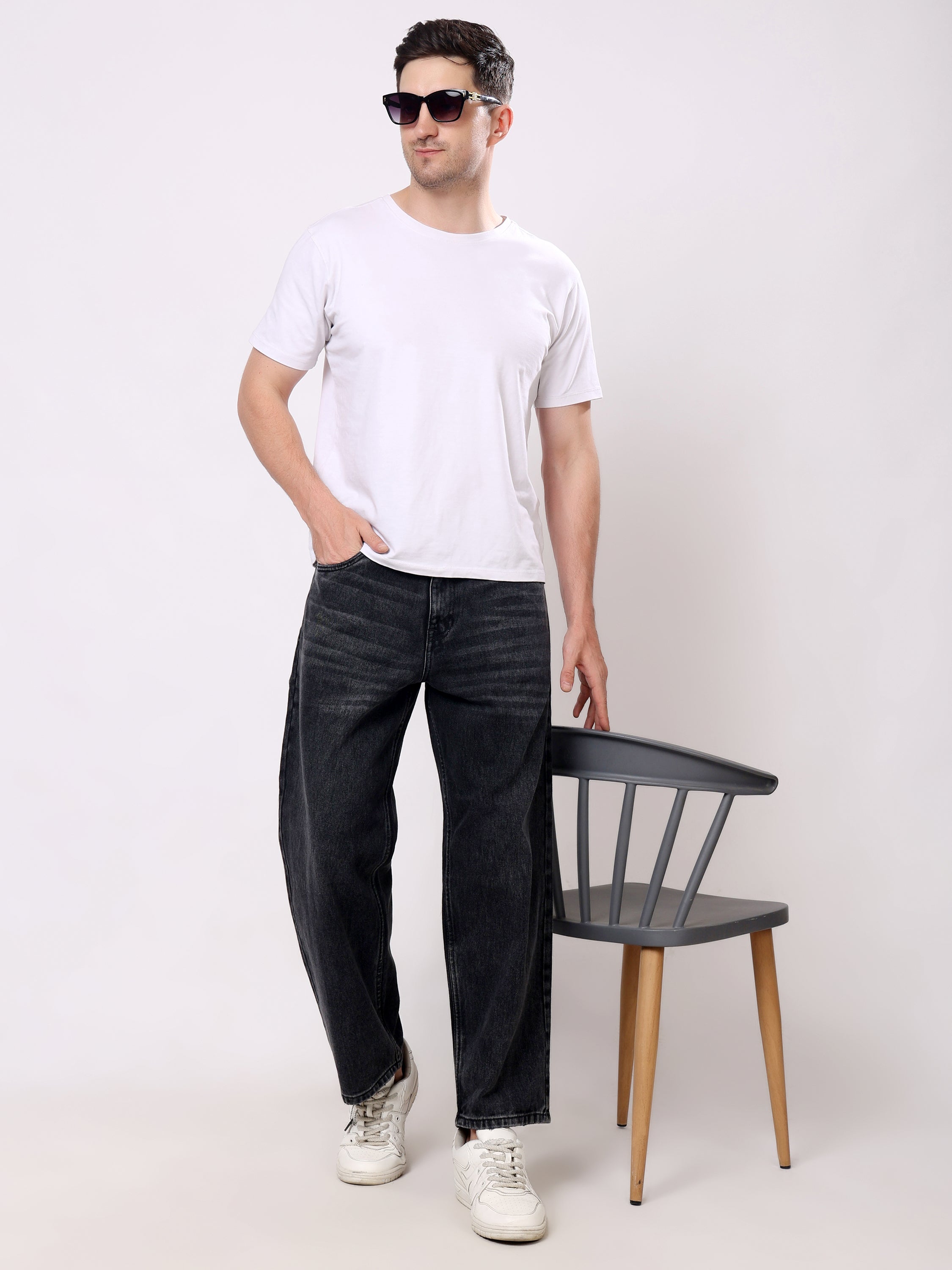 Stylox Men's Black Super Baggy Fit Non-Stretchable Denim Jeans