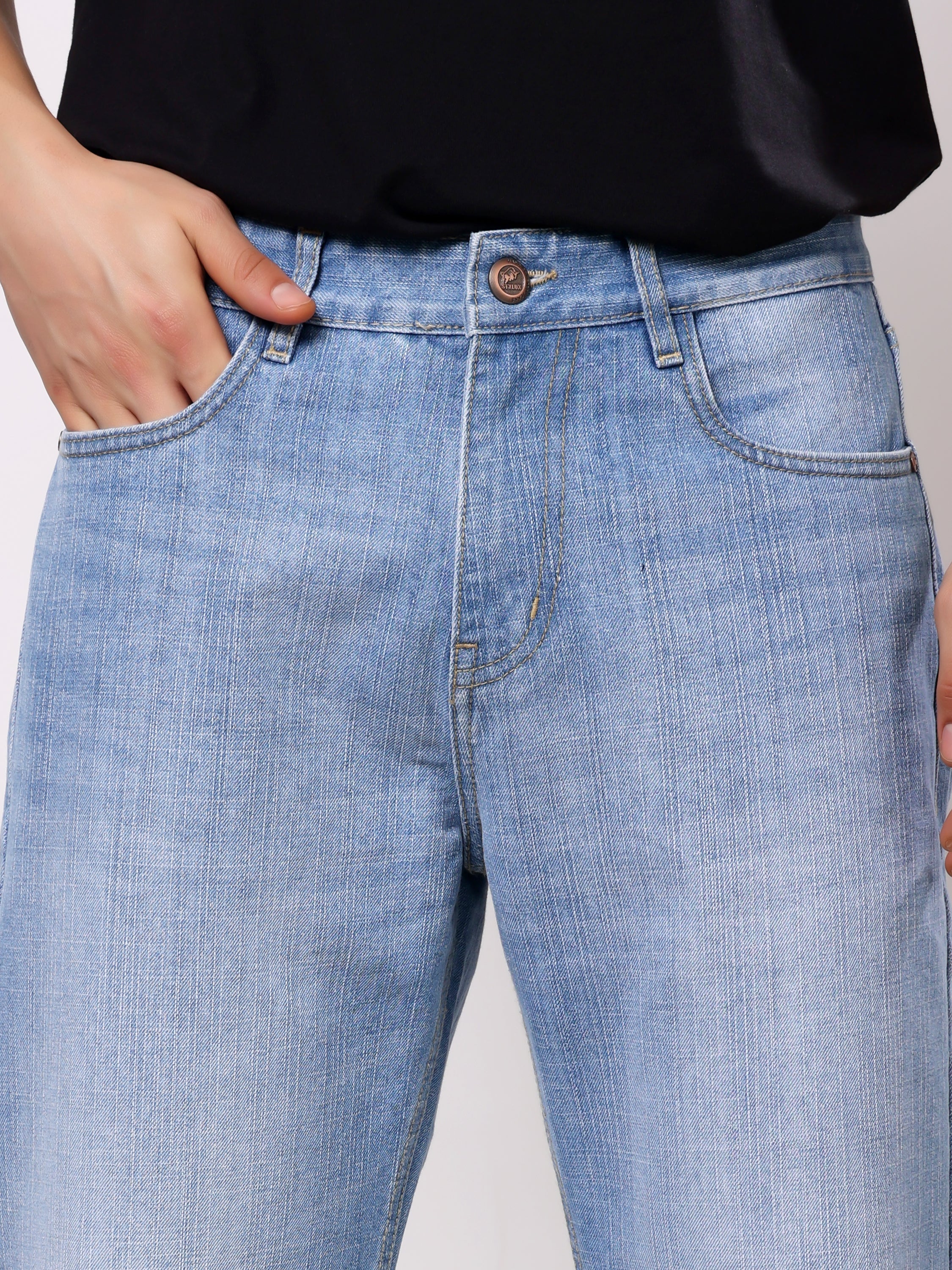 Stylox Men’s Baggy Fit Ice Blue Non-Stretch Wide Leg Denim Jeans