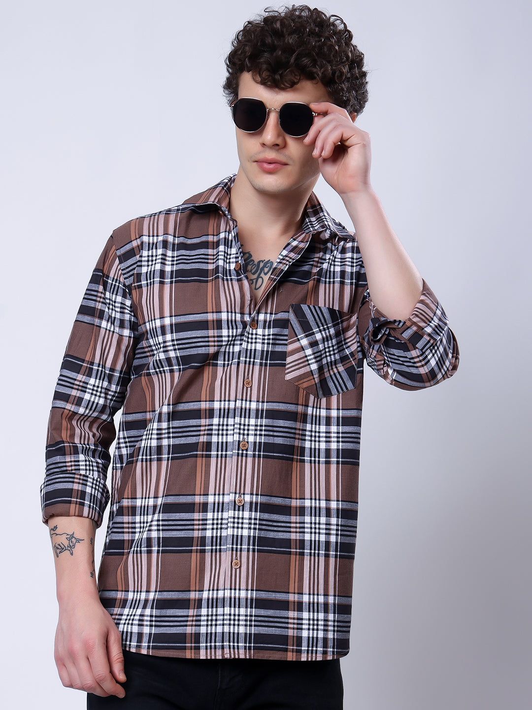 Stylox Men’s Regular Fit Full Sleeve Casual Check Shirt–Brown &amp; Black - Stylox
