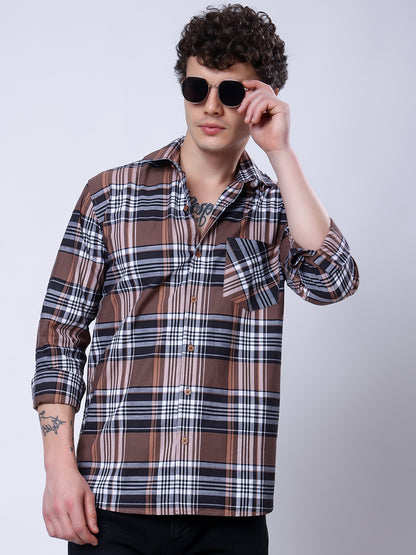 Stylox Men’s Regular Fit Full Sleeve Casual Check Shirt–Brown &amp; Black - Stylox