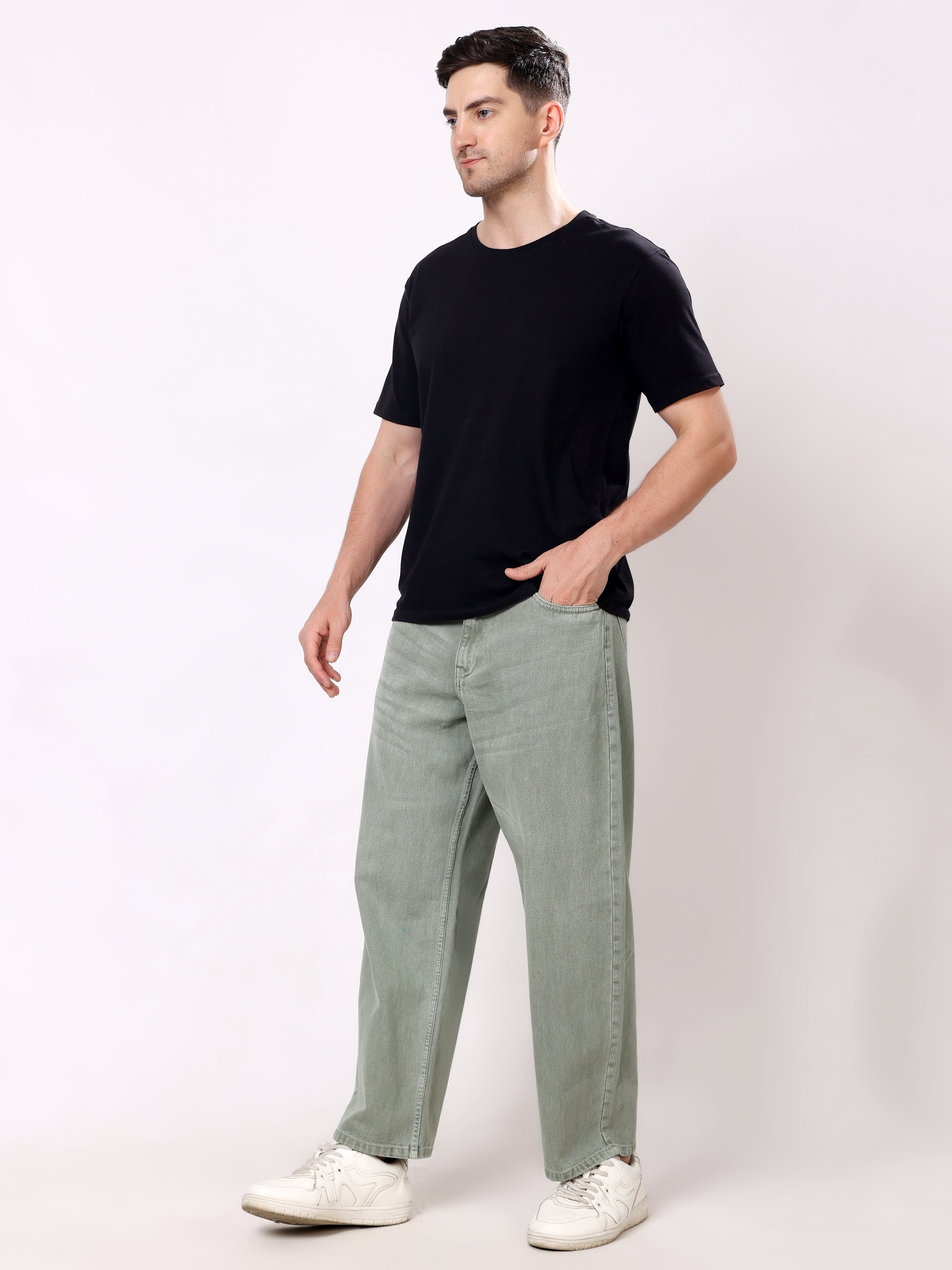 Stylox Men's Light Olive Super Baggy Fit Non-Stretchable Denim Jeans