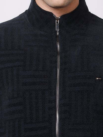 Stylox Men’s Black Textured Full-Zip Winter Jacket – Warm Fleece-Lined High Neck Sweatshirt for Casual Wear