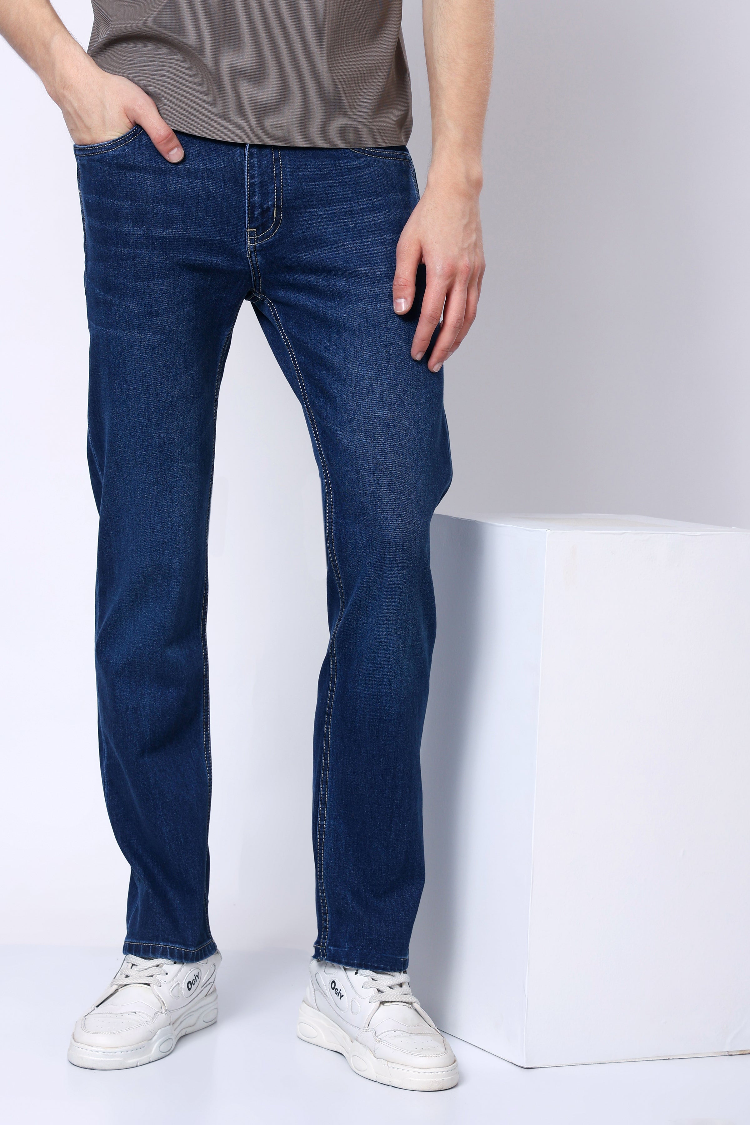 Stylox Men’s Mid-Rise Comfort Fit Stretchable Mid Dark Blue Denim Jeans - Stylox