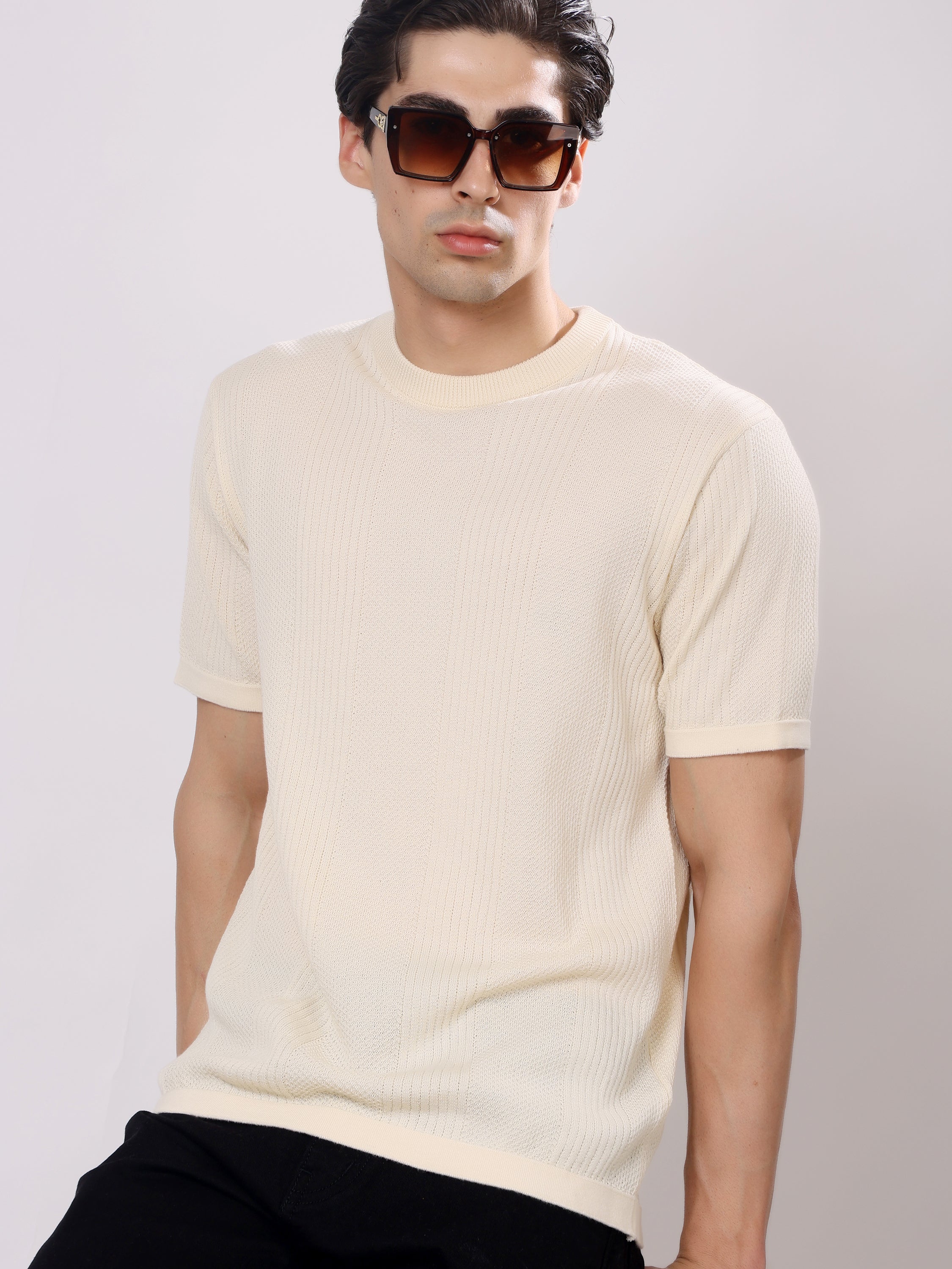 Stylox Men's Regular Fit Half Sleeve Solid Knitted Round Neck T-Shirt