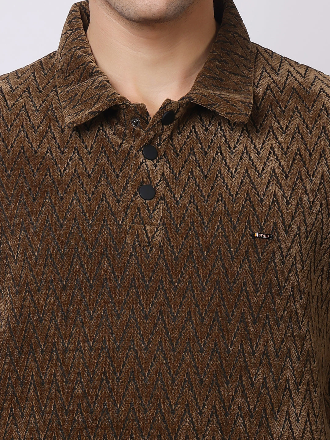 Stylox Men’s Textured Winter Sweatshirt – Chevron Pattern Pullover with Collar & Button Placket